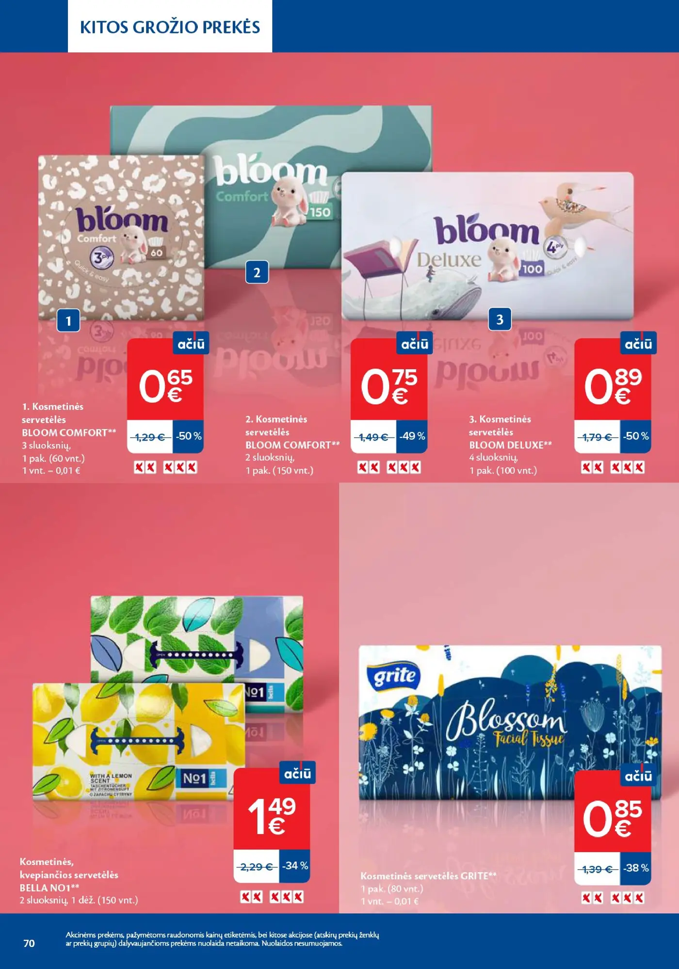 Naujas Maxima nuolaidų leidinys - Grožio mugė – 70 puslapis: Kosmetinės servetėlės BLOOM COMFORT, 1 pak., Kosmetinės servetėlės BLOOM DELUXE, 1 pak., Kosmetinės, kvepiančios servetėlės BELLA NO1, 1 dėž.