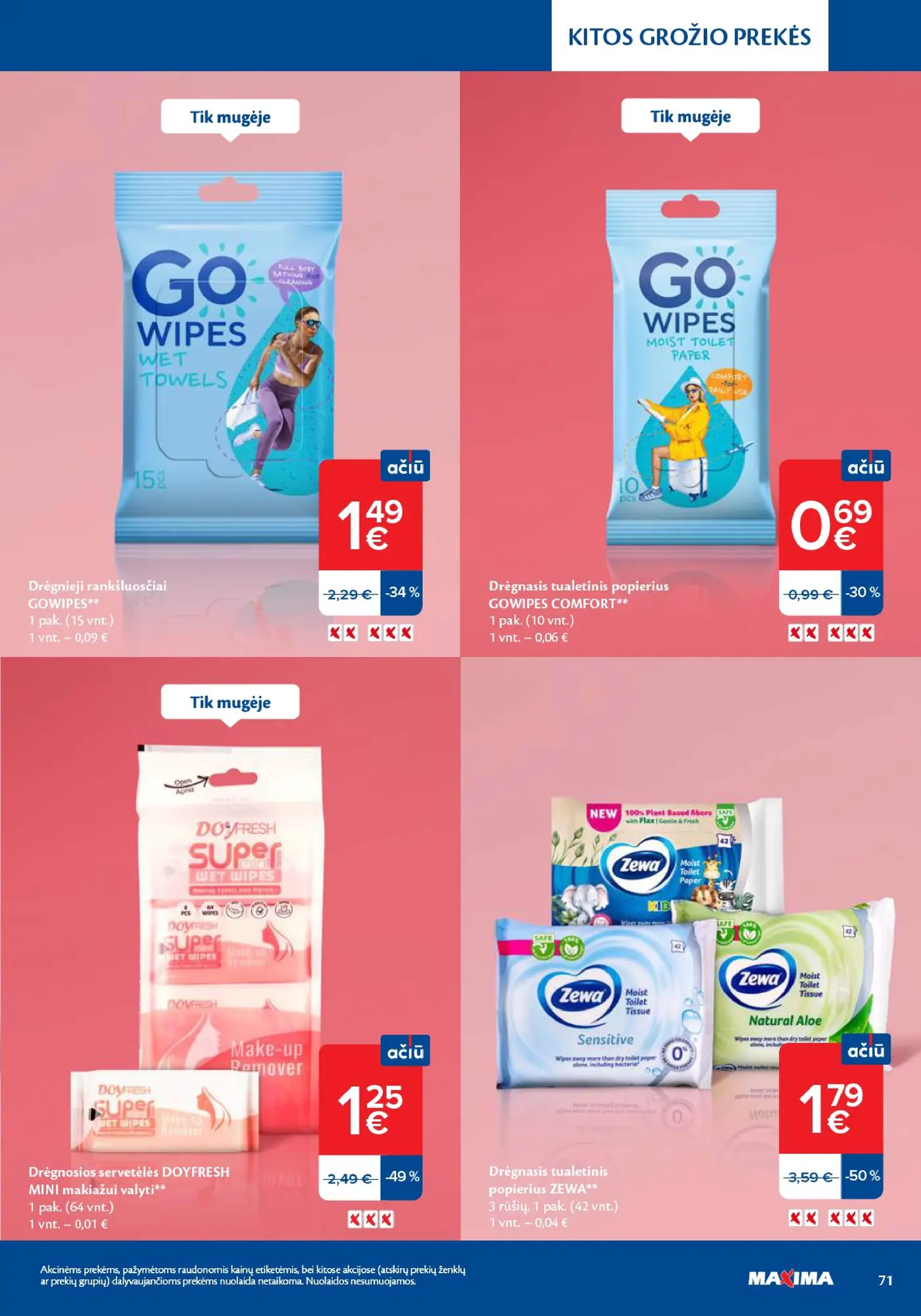 Naujas Maxima nuolaidų leidinys - Grožio mugė – 71 puslapis: Drėgnieji rankšluosčiai GOWIPES, 1 pak., Drėgnasis tualetinis popierius GOWIPES COMFORT, 1 pak., Drėgnosios servetėlės DOYFRESH MINI makiažui valyti, 1 pak.