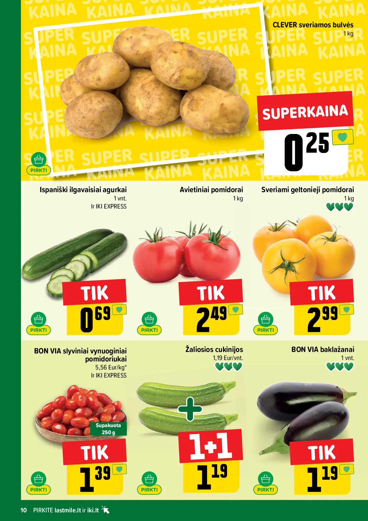 IKI Kainų leidinys Nr. 42 – 10 puslapis: Ilgavaisiai agurkai, 1 vnt, Geltonieji pomidorai, 1 kg, Vynuoginiai slyviniai pomidoriukai BON VIA