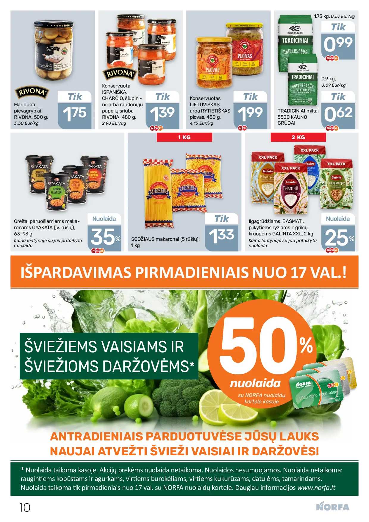 NORFA Nr. 21 (521) – 10 puslapis: Marinuoti pievagrybiai RIVONA, 500 g, SODŽIAUS makaronai (5 rūšių), 1 kg, TRADICINIAI miltai 550C KAUNO GRŪDAI, 0.9 kg
