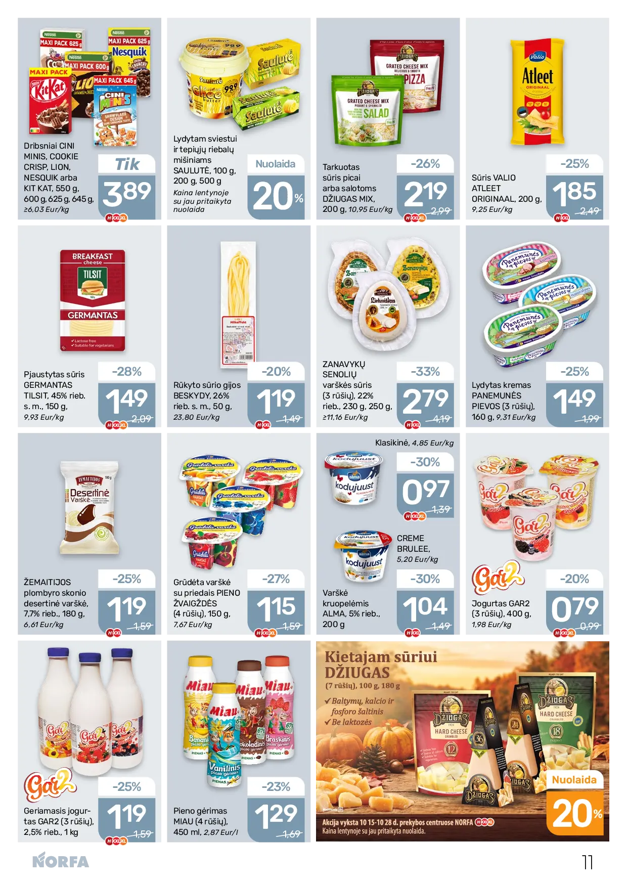 NORFA Nr. 21 (521) – 11 puslapis: Pieno gėrimas MIAU (4 rūšių), 450 ml, Jogurtas GAR2 (3 rūšių), 400 g, Grūdėta varškė su priedais PIENO ŽVAIGŽDĖS (4 rūšių), 150 g