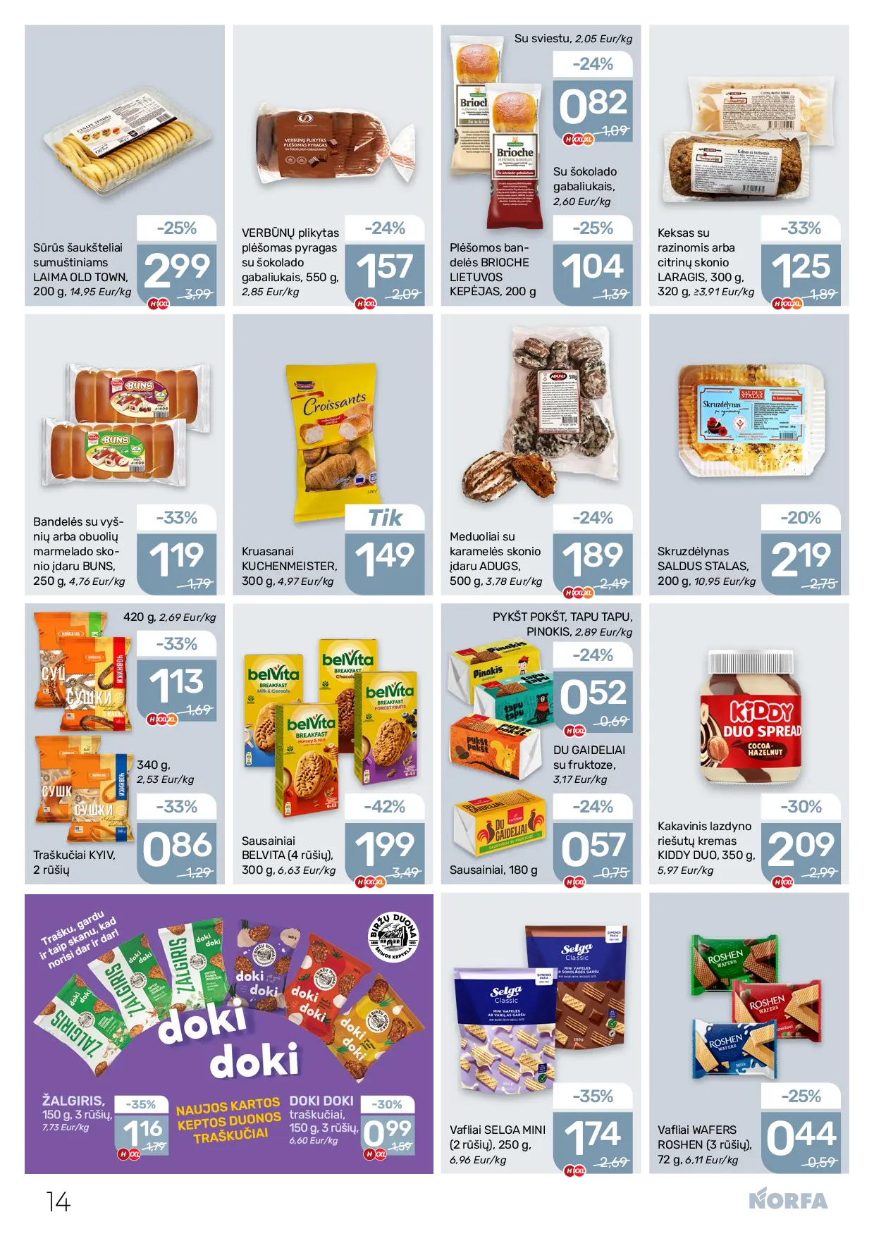 NORFA Nr. 21 (521) – 14 puslapis: Kakavinis lazdyno riešutų kremas KIDDY DUO, 350 g, Skruzdėlynas SALDUS STALAS, 200 g, Meduoliai su karamelės skonio įdaru ADUGS, 500 g