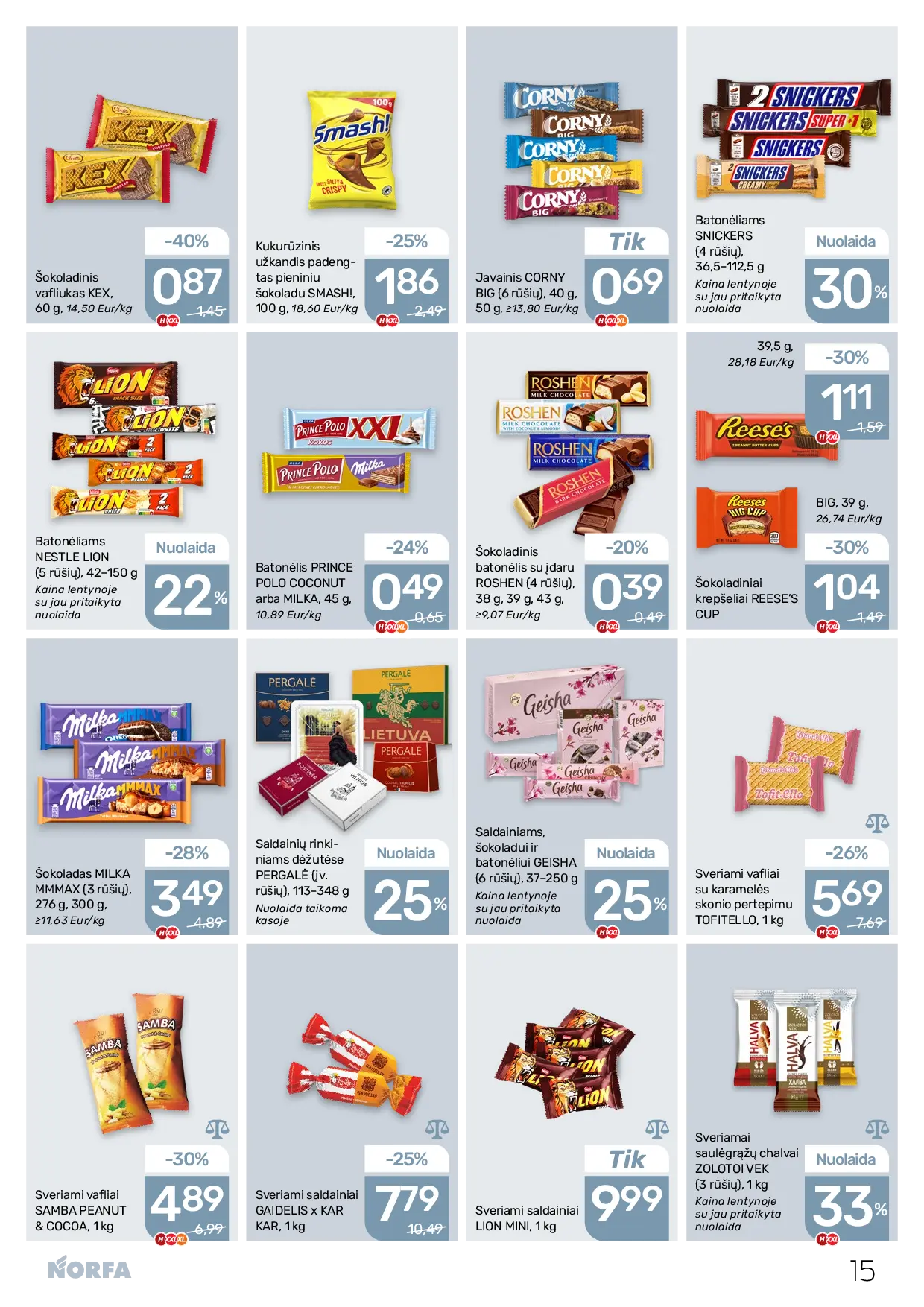 NORFA Nr. 21 (521) – 15 puslapis: Sveriami saldainiai LION MINI, 1 kg, Sveriami saldainiai GAIDELIS x KAR KAR, 1 kg, Sveriami vafliai SAMBA PEANUT & COCOA, 1 kg