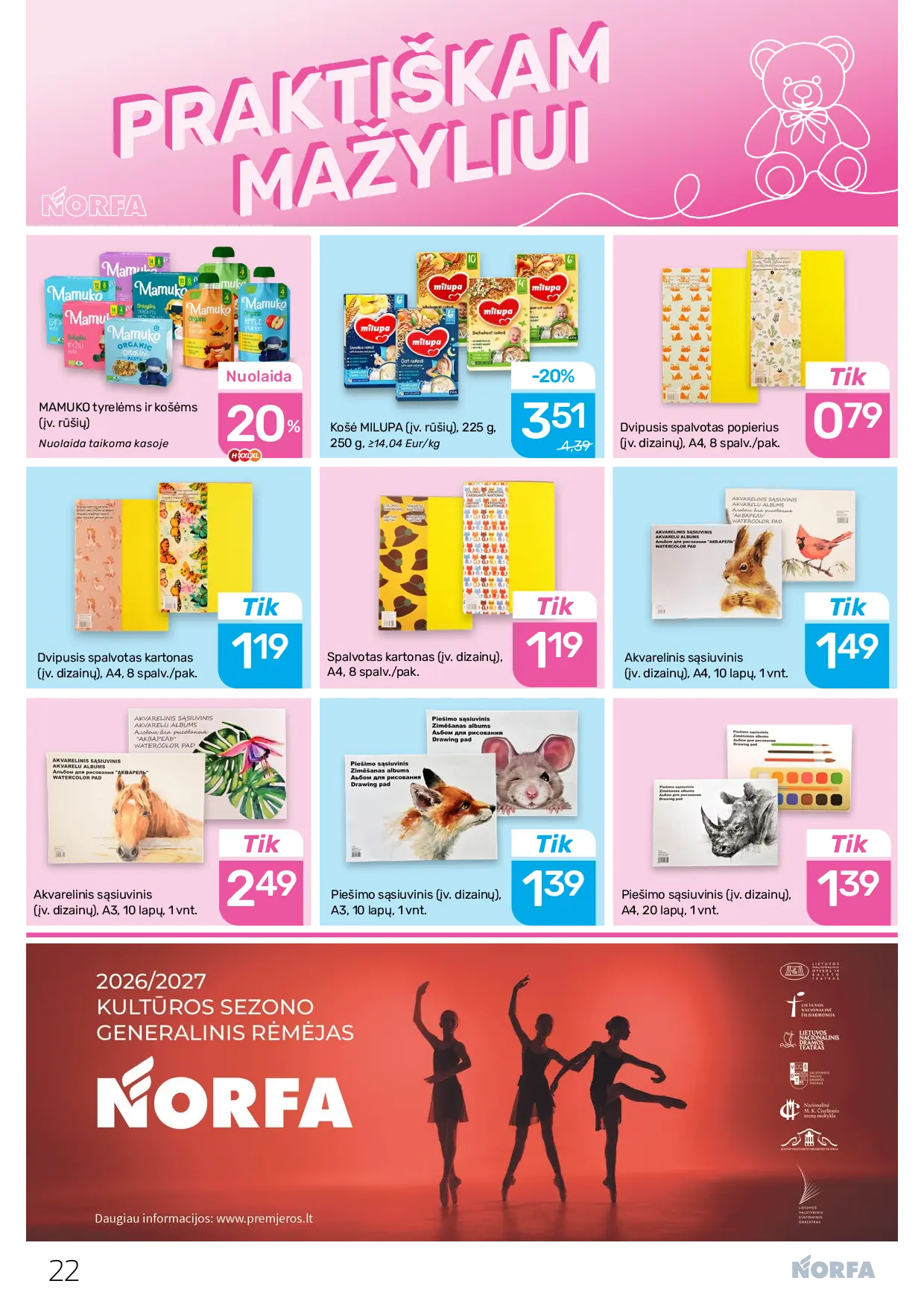 NORFA Nr. 21 (521) – 22 puslapis: MAMUKO tyrelėms ir košėms, Košė MILUPA, 225 g, Dvipusis spalvotas kartonas
