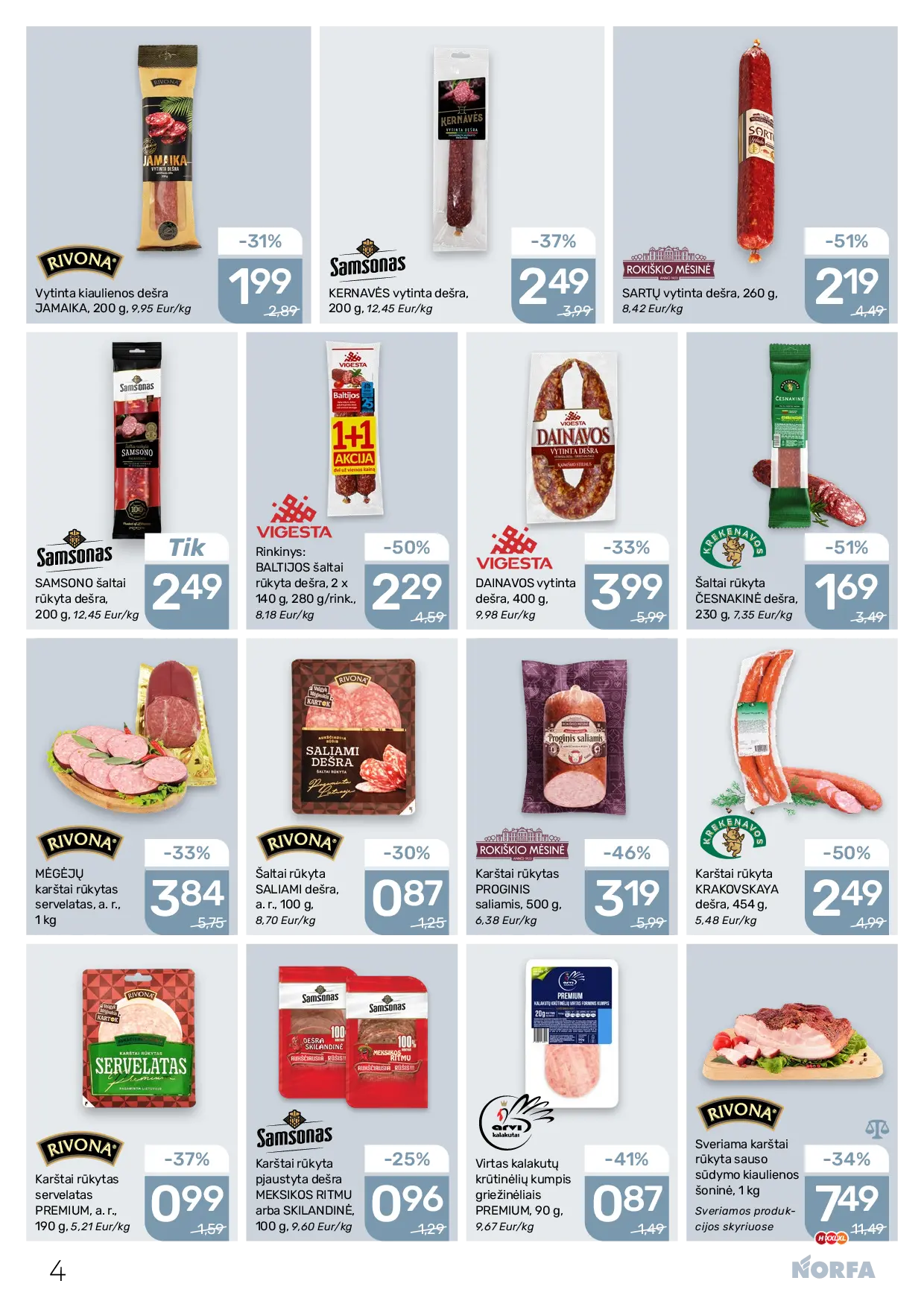 NORFA Nr. 21 (521) – 4 puslapis: KERNAVĖS vytinta dešra, 200 g, SAMSONO šaltai rūkyta dešra, 200 g, Karštai rūkytas PROGINIS saliamis, 500 g
