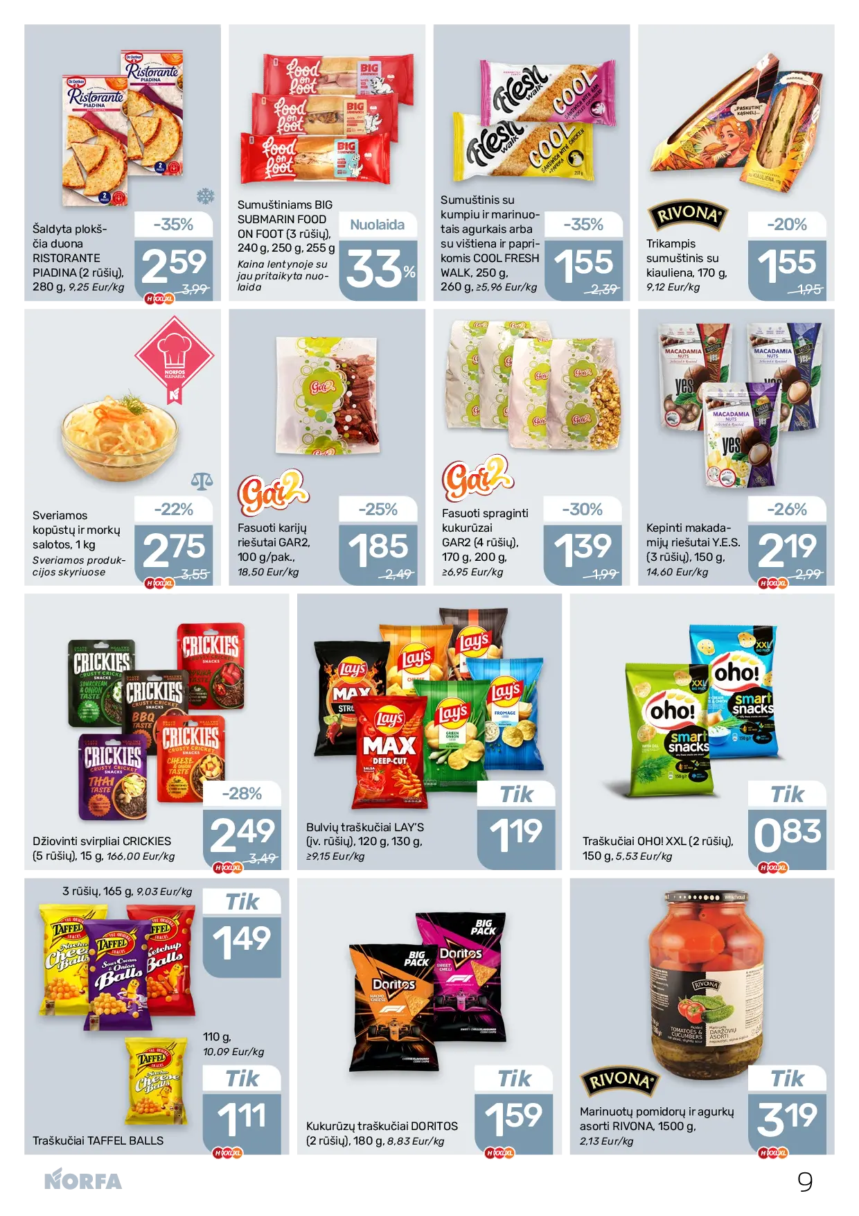 NORFA Nr. 21 (521) – 9 puslapis: Sveriamos kopūstų ir morkų salotos, 1 kg, Traškučiai TAFFEL BALLS, 110 g, Trikampis sumuštinis su kiauliena, 170 g