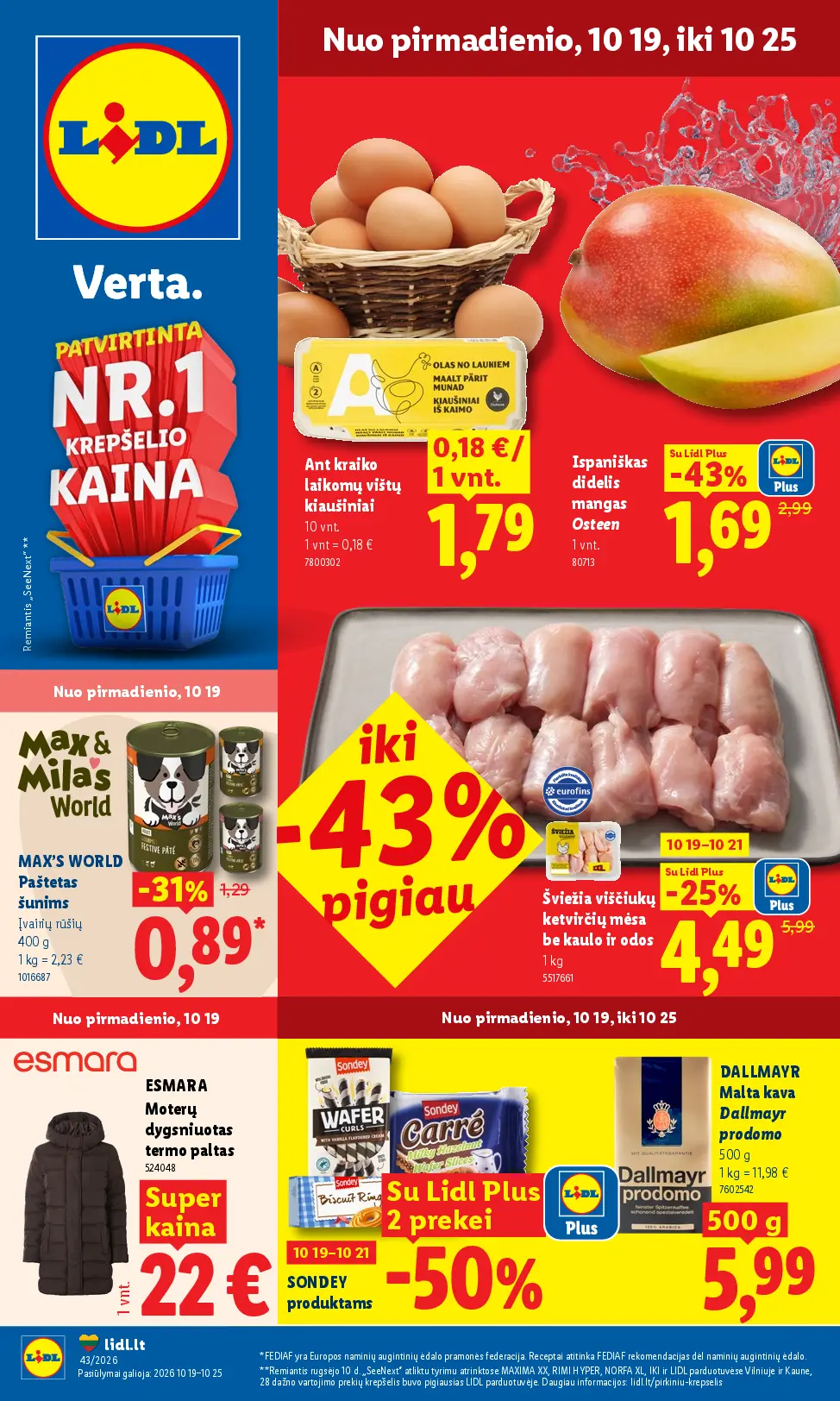 Naujas Lidl nuolaidų leidinys - MAISTO PREKIŲ PASIŪLYMAI Nr.43 – 1 puslapis: Ant kraiko laikomų vištų kiaušiniai, 10 vnt, Ispaniškas didelis mangas Osteen, 1 vnt, ESMARA Moterų dygniuotas termo paltas, 1 vnt