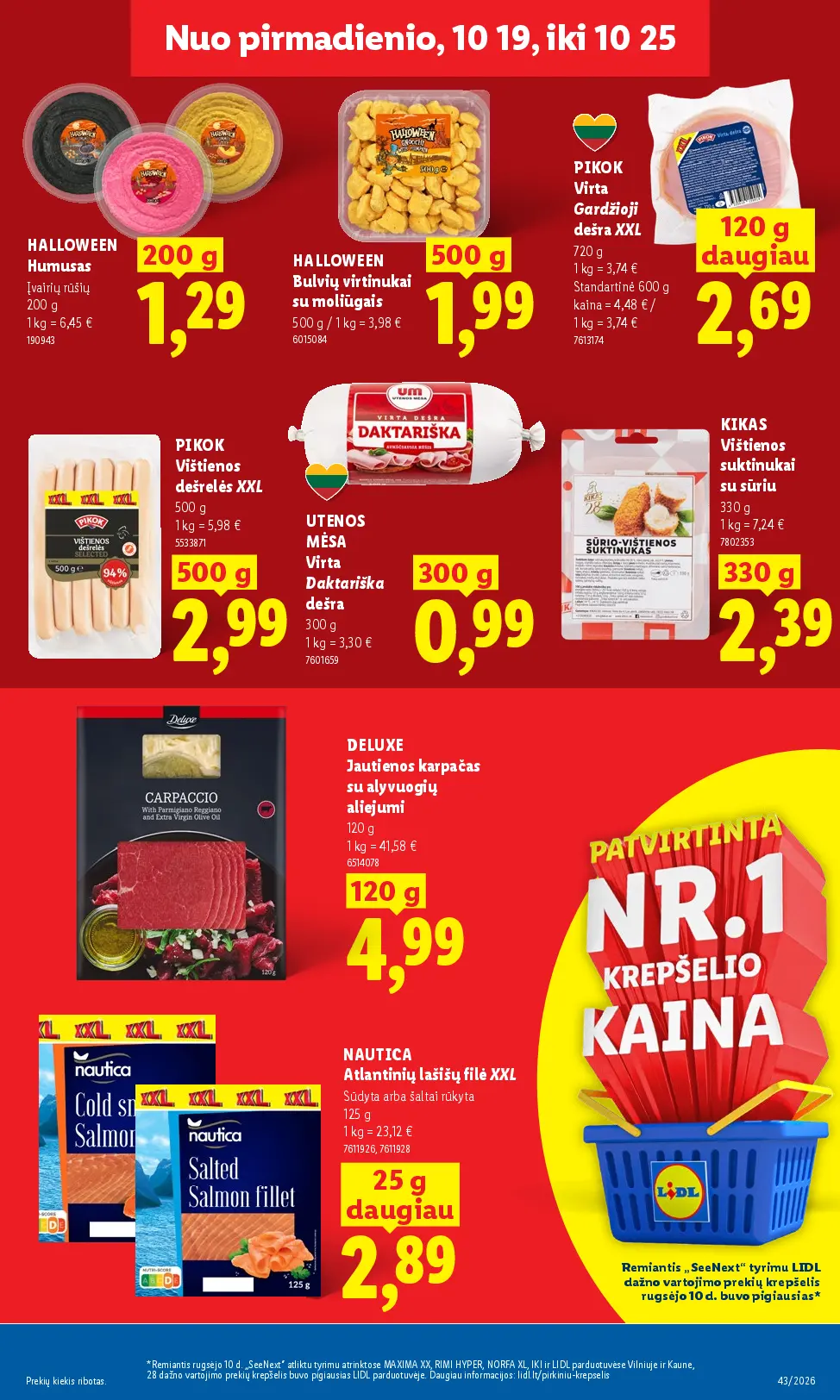 Naujas Lidl nuolaidų leidinys - MAISTO PREKIŲ PASIŪLYMAI Nr.43 – 11 puslapis: HALLOWEEN Humusas, 200 g, HALLOWEEN Bulvių virtinukai su moliūgais, 500 g, PIKOK Virta Gardžioji dešra XXL, 720 g