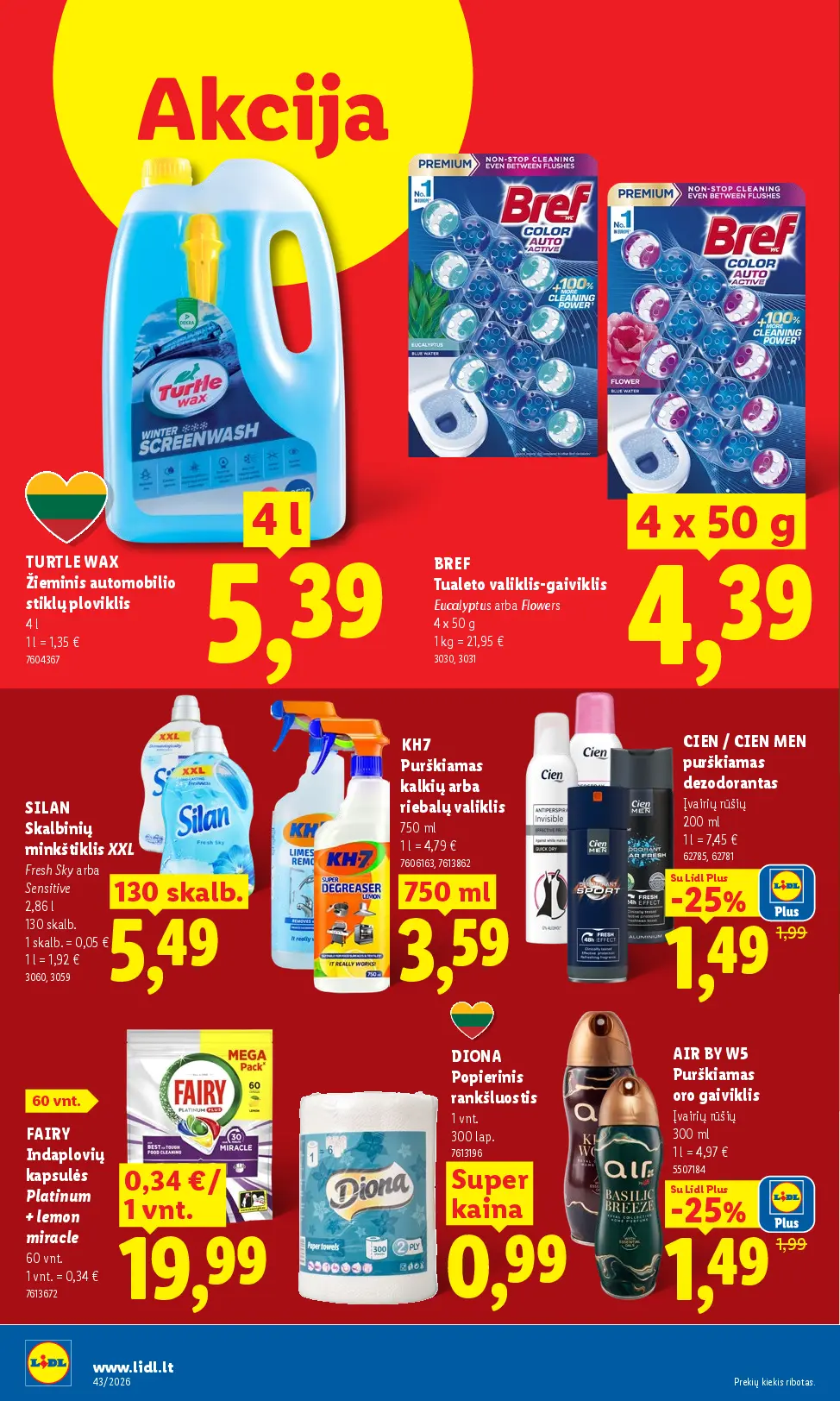 Naujas Lidl nuolaidų leidinys - MAISTO PREKIŲ PASIŪLYMAI Nr.43 – 14 puslapis: TURTLE WAX Žieminis automobilio stiklų ploviklis, 4 l, BREF Tualeto valiklis-gaiviklis, 4 x 50 g, SILAN Skalbinių minkštiklis XXL, 2.86 l