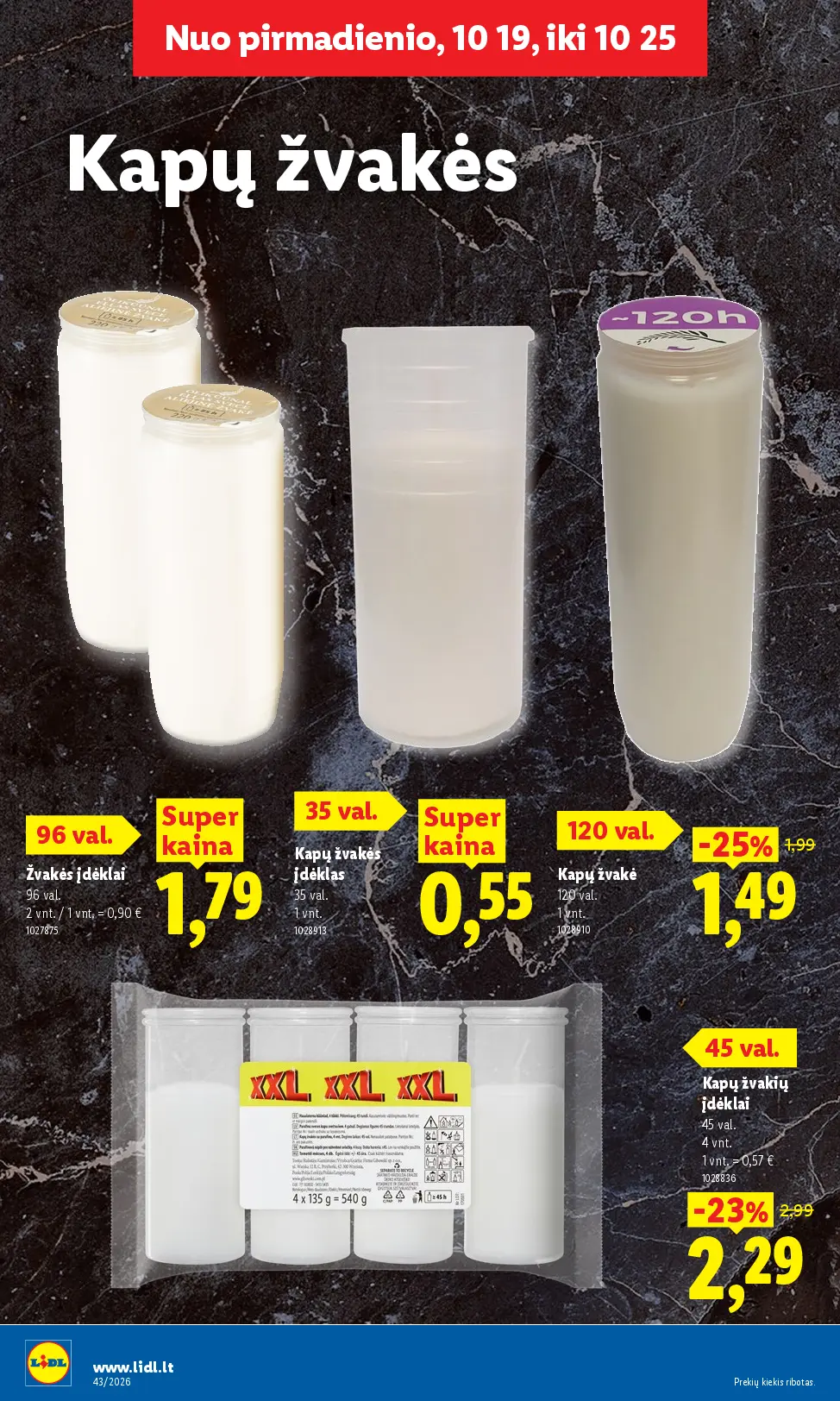 Naujas Lidl nuolaidų leidinys - MAISTO PREKIŲ PASIŪLYMAI Nr.43 – 16 puslapis: Žvakės įdėklai, 2 vnt, Kapų žvakės įdėklas "PT-10", Kapų žvakių įdėklai, 4 vnt
