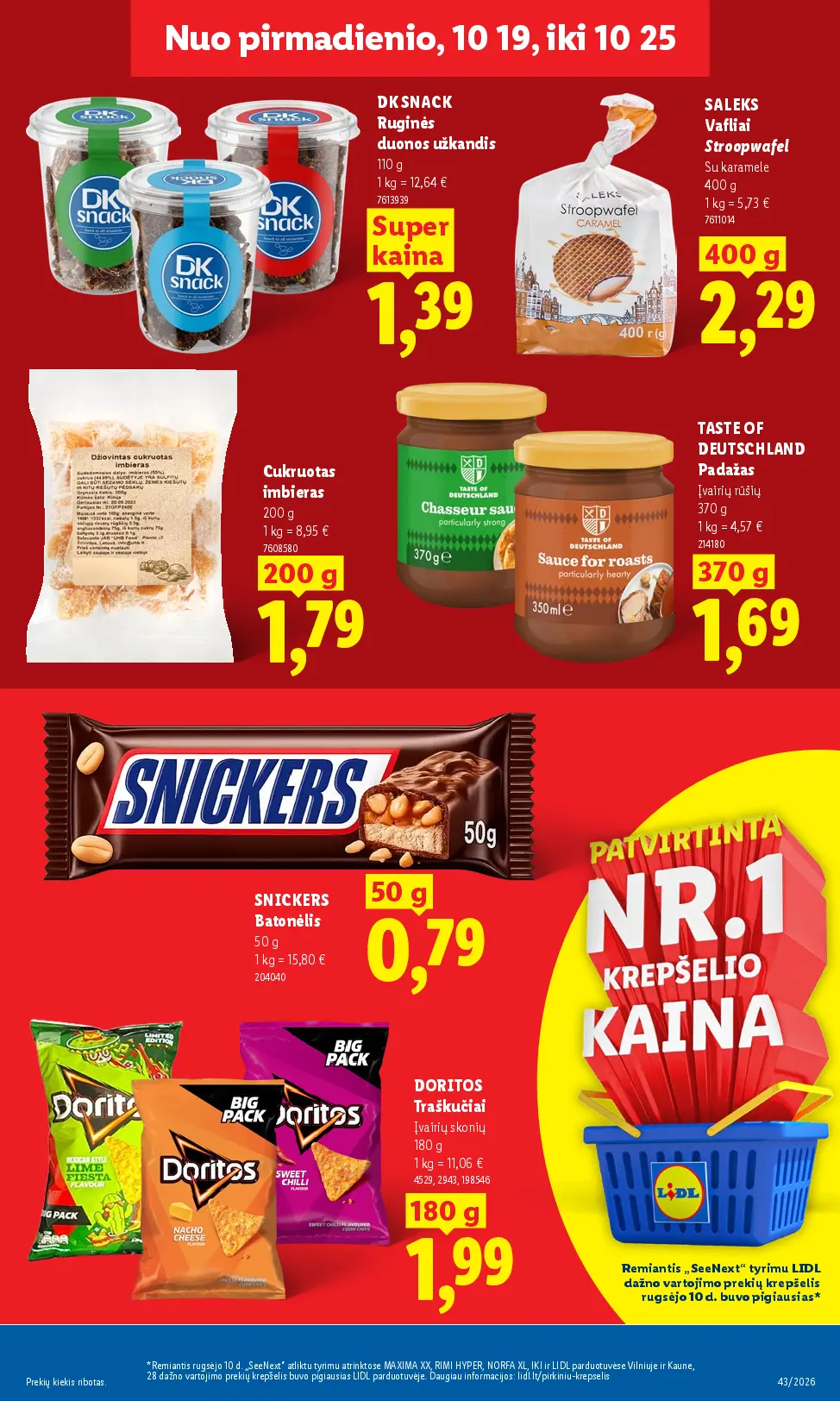Naujas Lidl nuolaidų leidinys - MAISTO PREKIŲ PASIŪLYMAI Nr.43 – 19 puslapis: DK SNACK Ruginės duonos užkandis, 110 g, SALEKS Vafliai Stroopwafel, 400 g, Cukruotas imbieras, 200 g