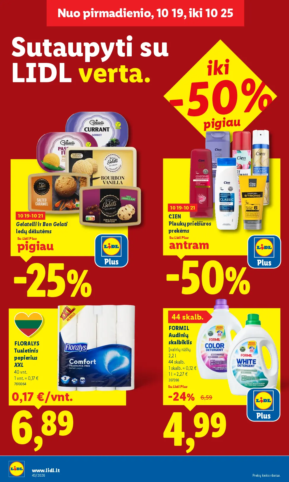 Naujas Lidl nuolaidų leidinys - MAISTO PREKIŲ PASIŪLYMAI Nr.43 – 2 puslapis: Gelatelli ir Bon Gelati ledų dėžutėms, CIEN Plaukų priežiūros prekėms, FLORALYS Tualetinis popierius XXL, 40 vnt