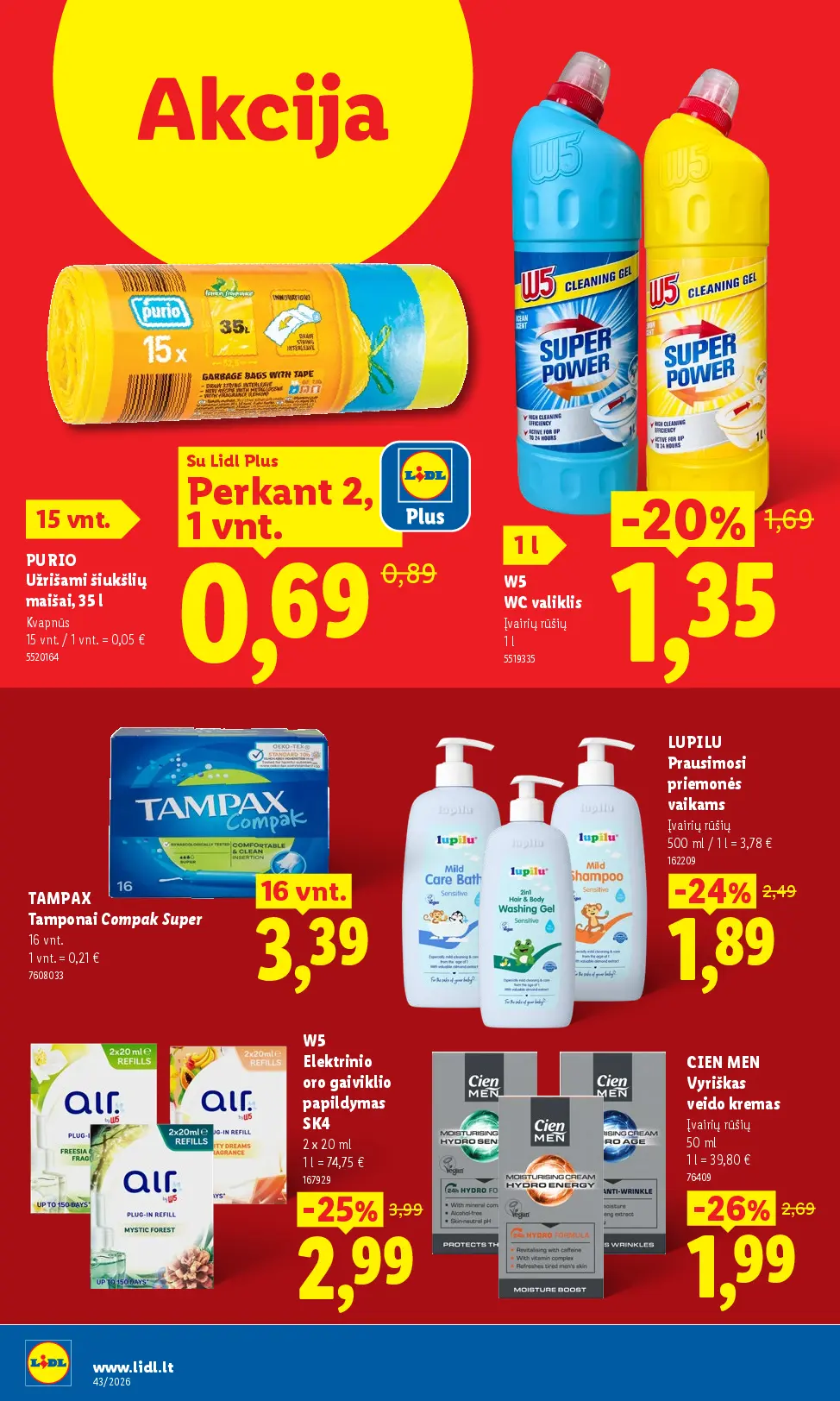 Naujas Lidl nuolaidų leidinys - MAISTO PREKIŲ PASIŪLYMAI Nr.43 – 20 puslapis: PURIO Užrišami šiukšlių maišai, 35 l, W5 WC valiklis, 1 l, Tamponai TAMPAX Compak Super, 16 vnt