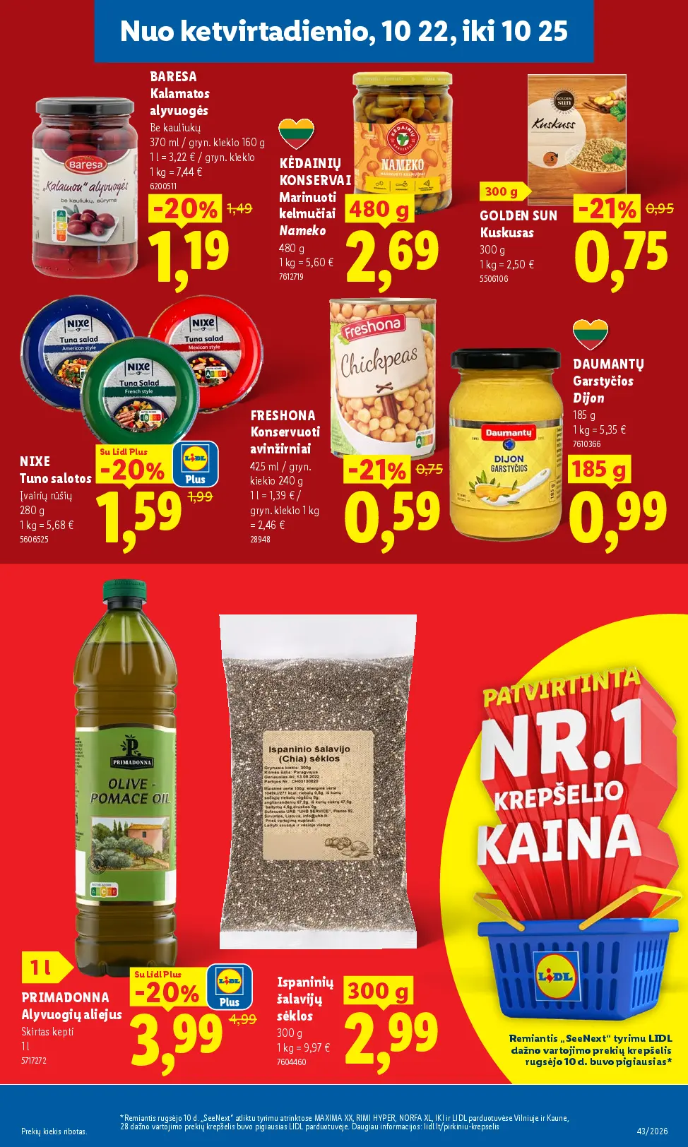Naujas Lidl nuolaidų leidinys - MAISTO PREKIŲ PASIŪLYMAI Nr.43 – 27 puslapis: BARESA Kalamatos alyvuogės, 370 ml, KĖDAINIŲ KONSERVAI Marinuoti kelmučiai Nameko, 480 g, GOLDEN SUN Kuskusas, 300 g