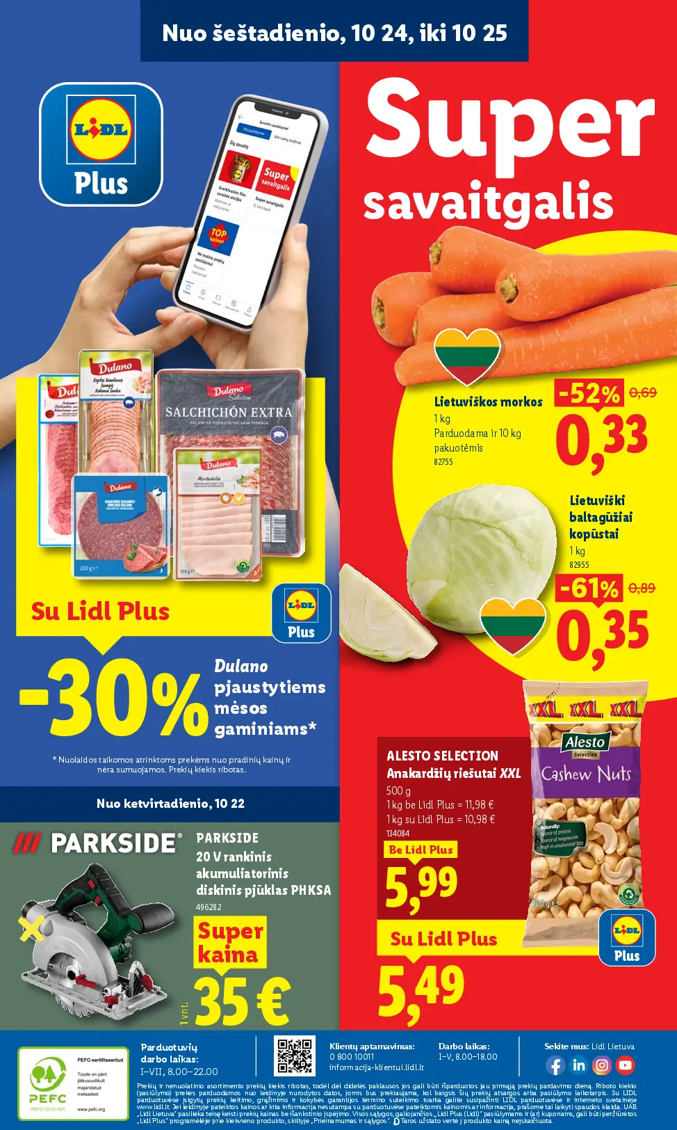 Naujas Lidl nuolaidų leidinys - MAISTO PREKIŲ PASIŪLYMAI Nr.43 – 36 puslapis: Lietuviškos morkos, 1 kg, Dulano pjaustytiems mėsos gaminiams, PARKSIDE 20 V rankinis akumuliatorinis diskinis pjūklas PHKSA