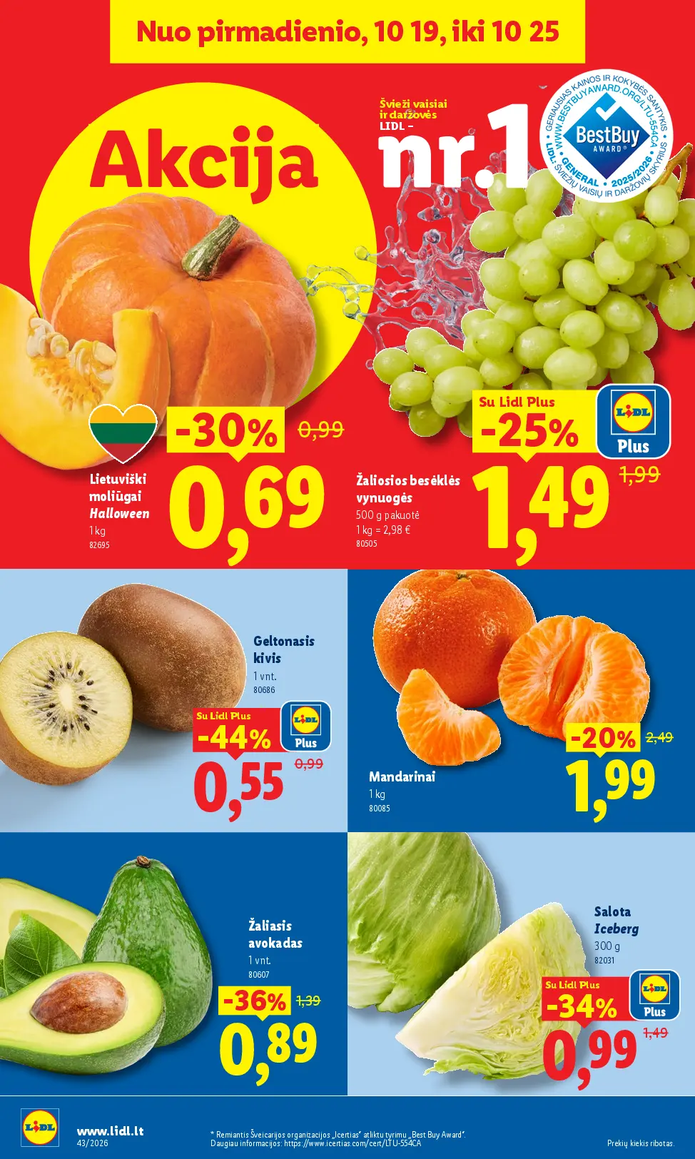 Naujas Lidl nuolaidų leidinys - MAISTO PREKIŲ PASIŪLYMAI Nr.43 – 4 puslapis: Mandarinams, 1 kg, Lietuviški moliūgai Halloween, 1 kg, Geltonasis kivis, 1 vnt