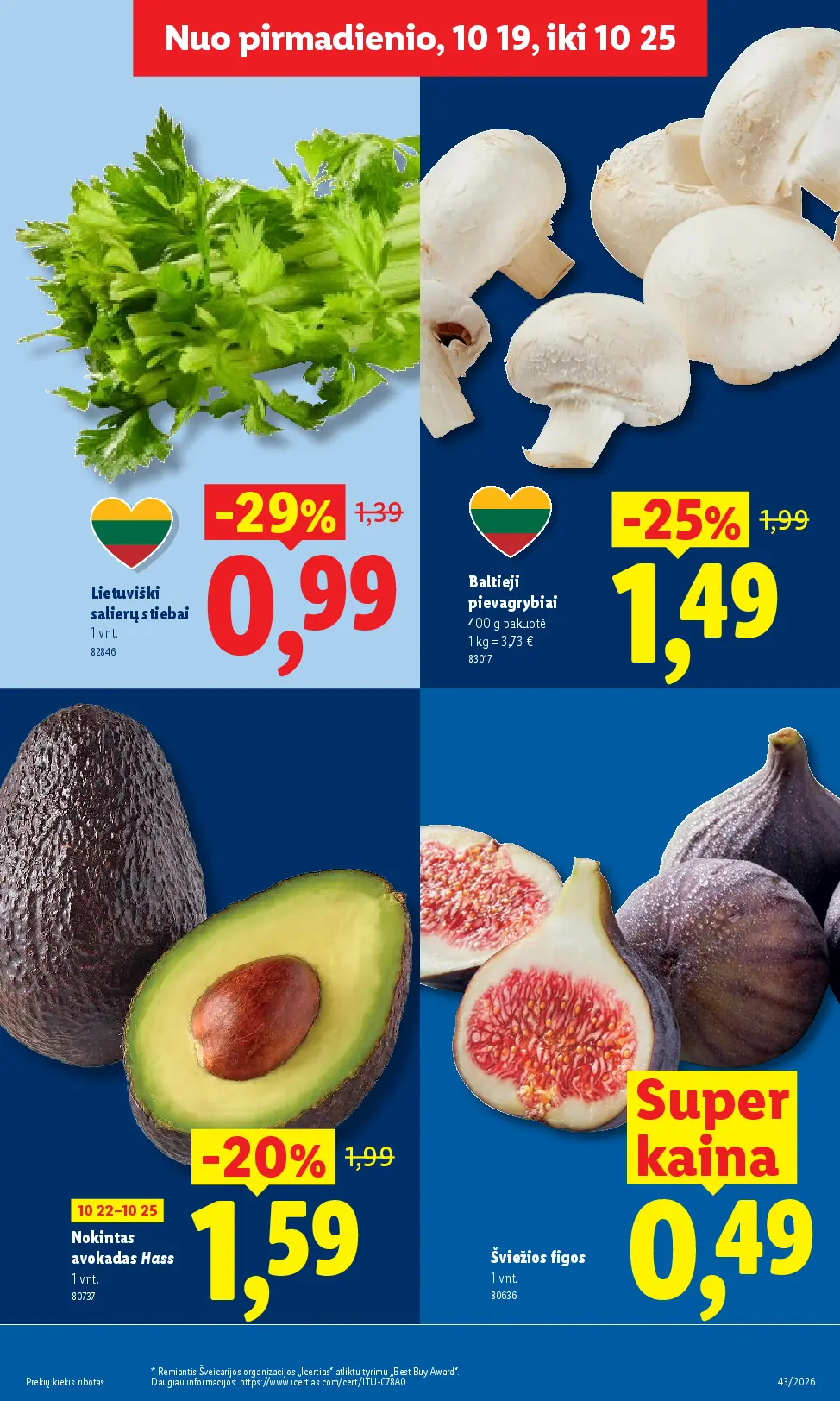 Naujas Lidl nuolaidų leidinys - MAISTO PREKIŲ PASIŪLYMAI Nr.43 – 5 puslapis: Lietuviški salierų stiebai, 1 vnt, Baltieji pievagrybiai, 400 g, Nokintas avokadas Hass, 1 vnt