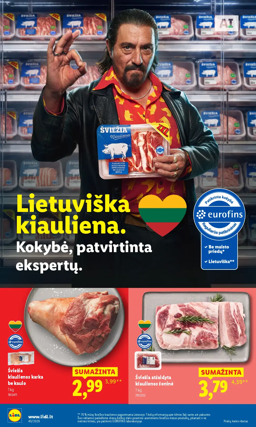 Naujas Lidl nuolaidų leidinys - MAISTO PREKIŲ PASIŪLYMAI Nr.43 – 8 puslapis: Šviežia kiaulienos karka be kaulo, 1 kg, Šviežia atšaldyta kiaulienos šoninė, 1 kg