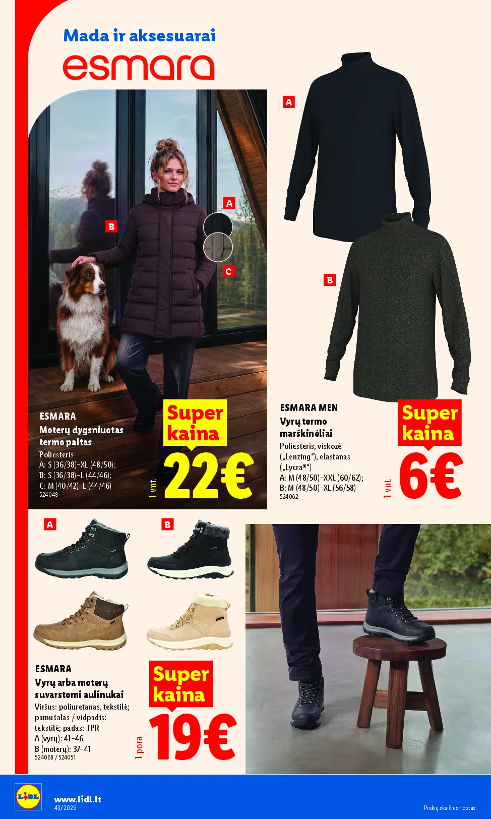 Naujas Lidl nuolaidų leidinys - NE MAISTO PREKIŲ PASIŪLYMAI Nr.43 – 2 puslapis: ESMARA Moterų dygsniuotas termo paltas, ESMARA MEN Vyrų termo marškinėliai, ESMARA Vyrų arba moterų suvarstomi aulinukai