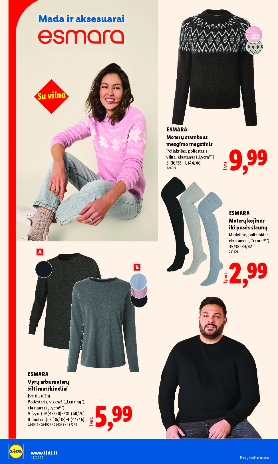 Naujas Lidl nuolaidų leidinys - NE MAISTO PREKIŲ PASIŪLYMAI Nr.43 – 4 puslapis: ESMARA Moterų stambaus mezgimo megztinis, ESMARA Moterų kojinės iki pusės šlaunų, ESMARA Vyrų arba moterų šilti marškinėliai