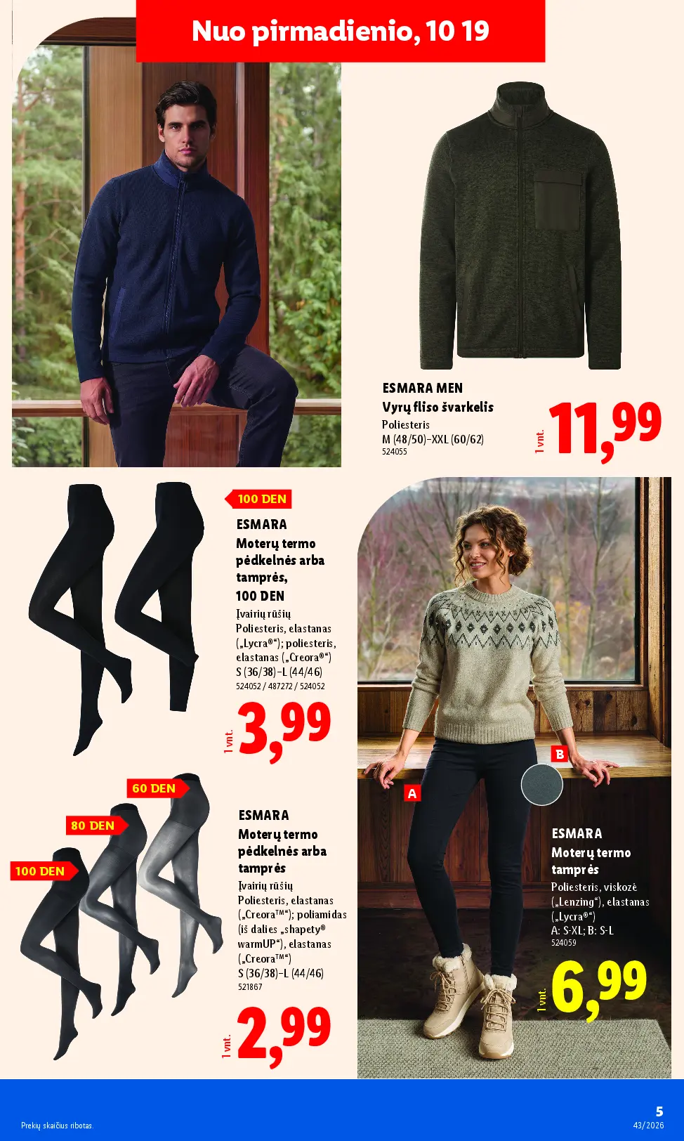 Naujas Lidl nuolaidų leidinys - NE MAISTO PREKIŲ PASIŪLYMAI Nr.43 – 5 puslapis: ESMARA MEN Vyrų fliso švarkelis, ESMARA Moterų termo pėdkelnės arba tamprės, ESMARA Moterų termo tamprės