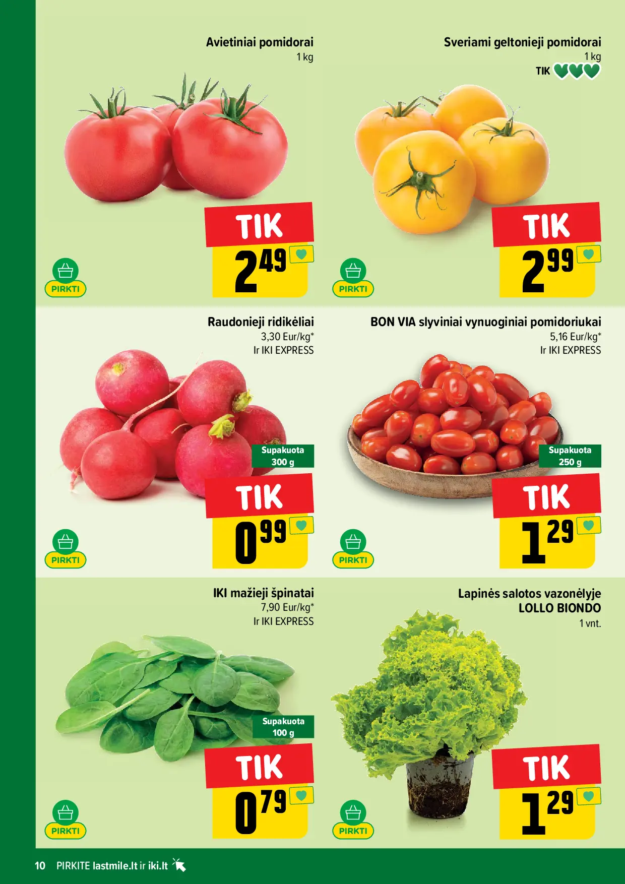 IKI Kainų leidinys Nr. 43 – 10 puslapis: Avietiniams pomidorams, 1 kg, Geltonieji pomidorai, 1 kg, Vynuoginiai slyviniai pomidoriukai BON VIA