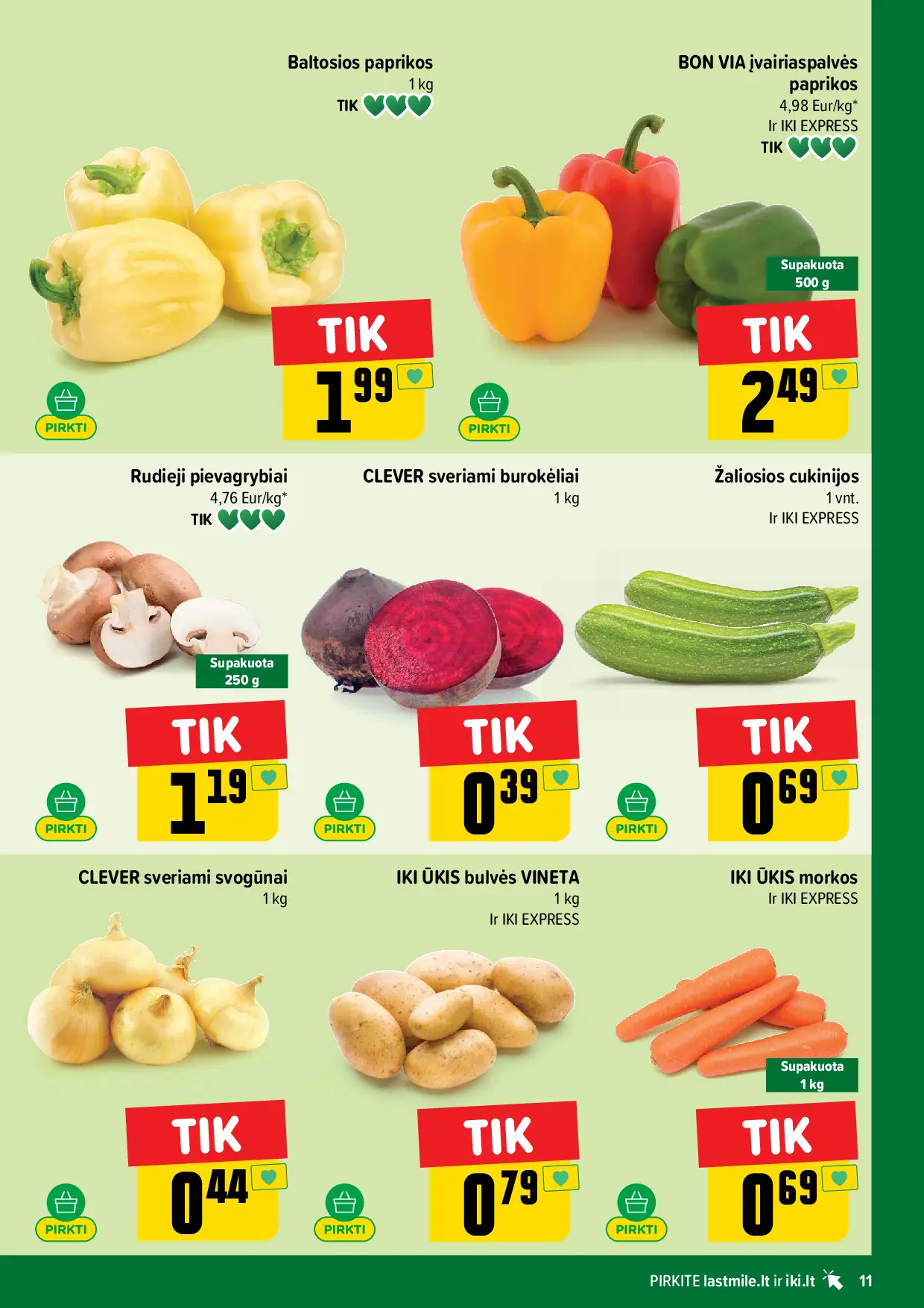 IKI Kainų leidinys Nr. 43 – 11 puslapis: Baltosios paprikos, 1 kg, Žaliosios cukinijos, 1 vnt, IKI ŪKIS bulvės VINETA, 1 kg