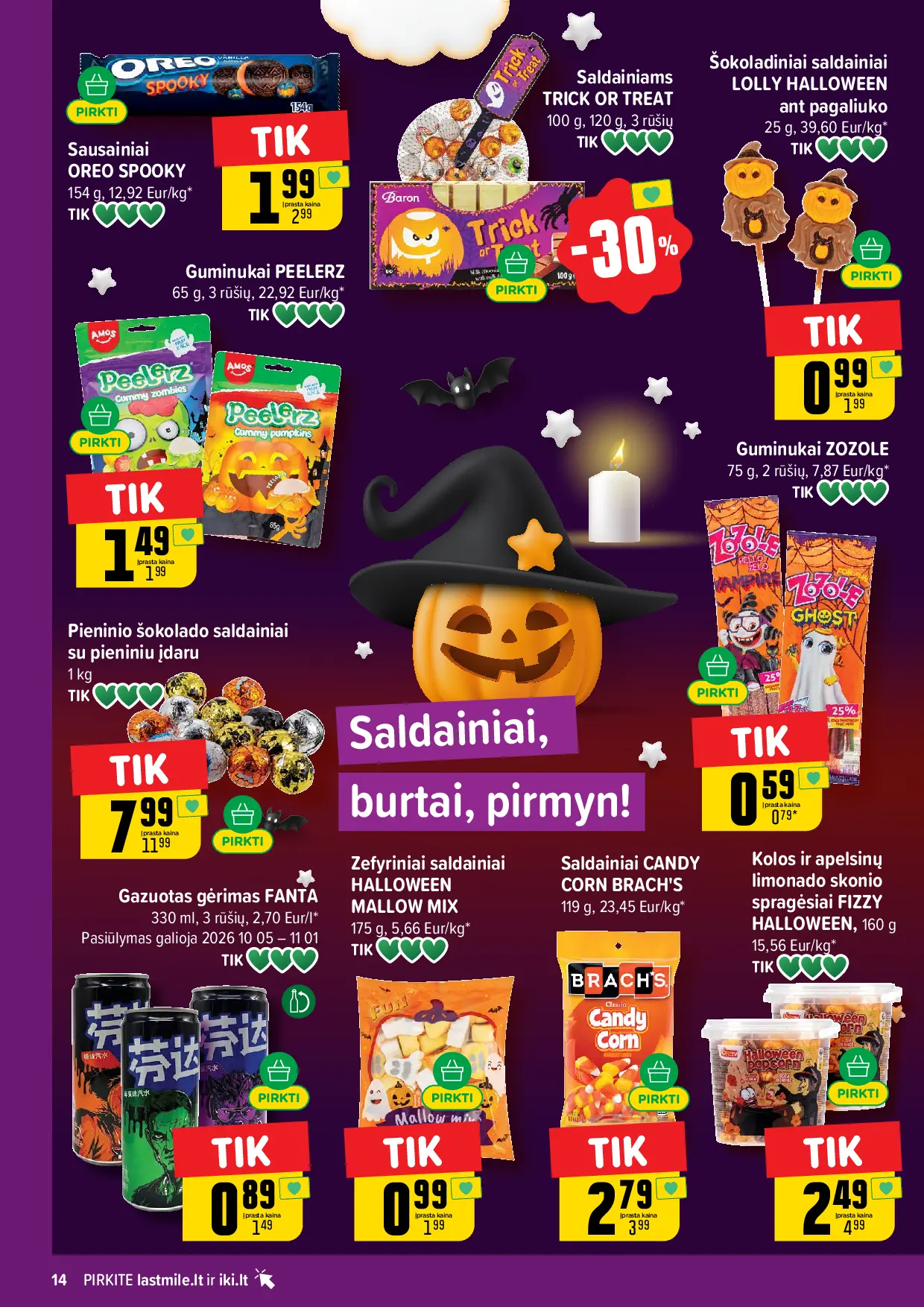 IKI Kainų leidinys Nr. 43 – 14 puslapis: Gazuotas gėrimas FANTA, 0.33 l, OREO SPOOKY SAUSAINIAI, 154 g, Saldainiams TRICK OR TREAT, 100 g