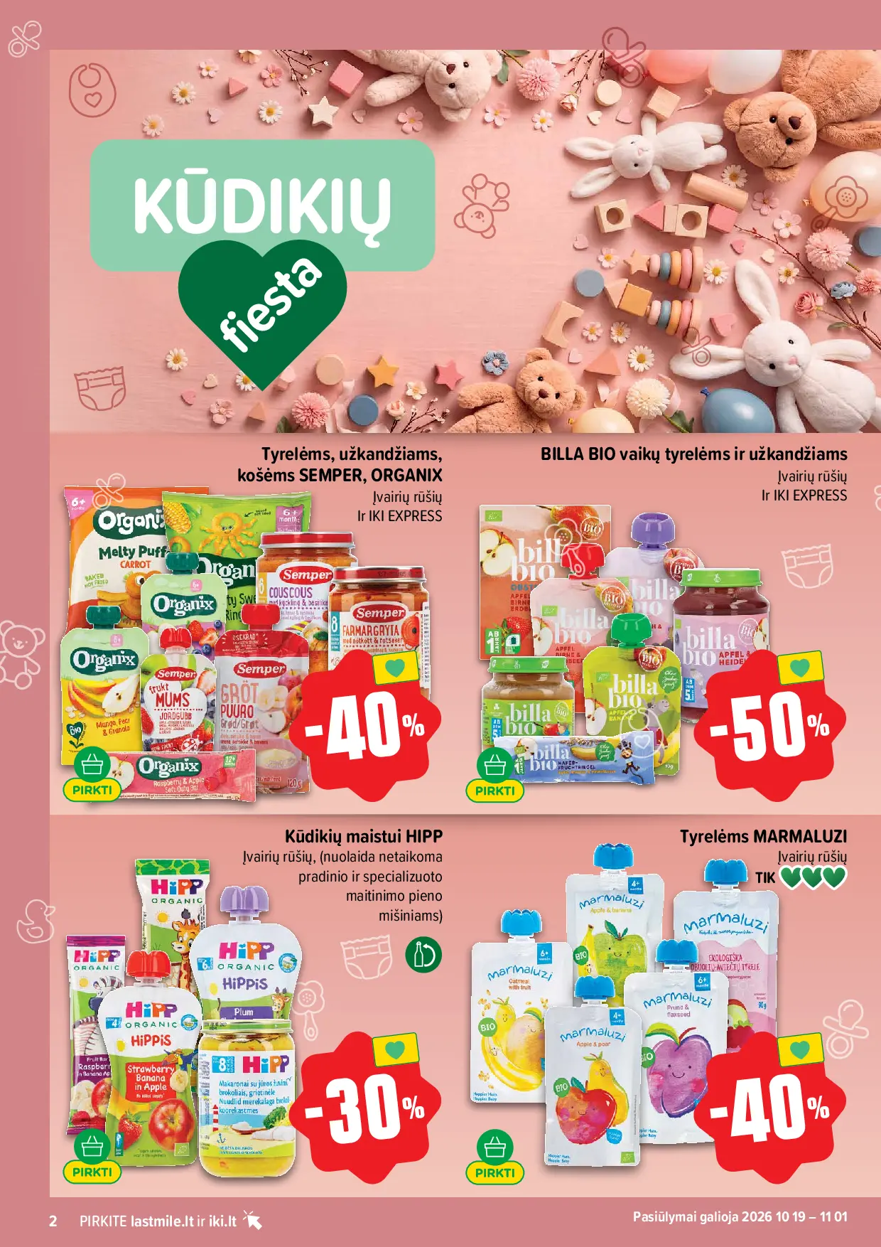 IKI Kainų leidinys Nr. 43 – 2 puslapis: Tyrelėms, užkandžiams, košėms SEMPER, ORGANIX, BILLA BIO vaikų tyrelėms ir užkandžiams, Kūdikių maistui HIPP
