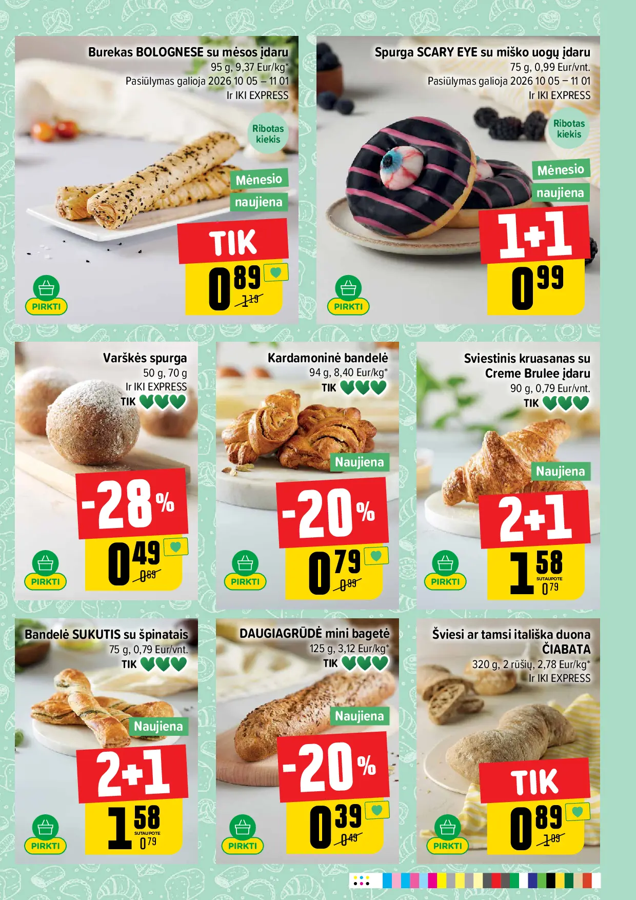 IKI Kainų leidinys Nr. 43 – 21 puslapis: BUREKAS SU MĖSOS ĮDARU BOLOGNESE, 95 g, Varškės spurga, 50 g, KARDAMONINĖ BANDELĖ, 94 g