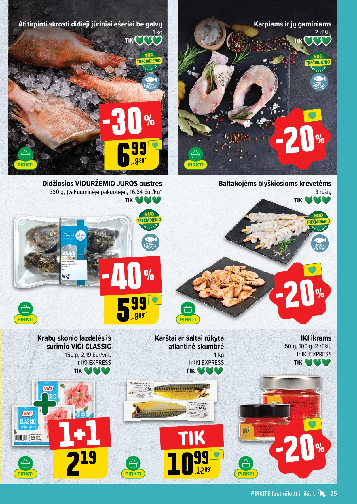 IKI Kainų leidinys Nr. 43 – 25 puslapis: Karštai ar šaltai rūkyta atlantinė skumbrė, 1 kg, IKI ikrams, 50 g, Atitirpinti skrosti didieji jūriniai ešeriai be galvų, 1 kg