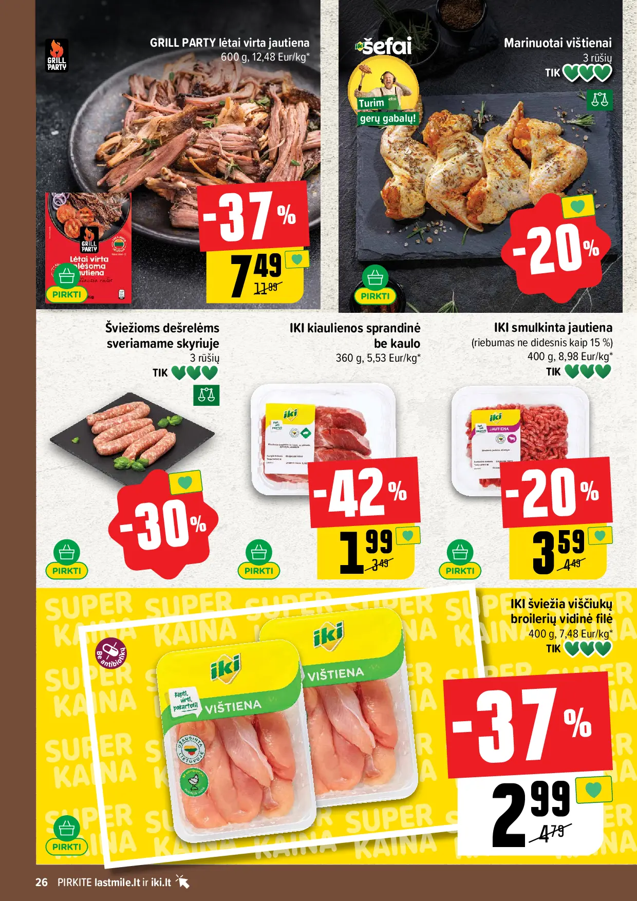 IKI Kainų leidinys Nr. 43 – 26 puslapis: Marinuotai vištienai, Šviežioms dešrelėms sveriamame skyriuje, IKI smulkinta jautiena, 400 g