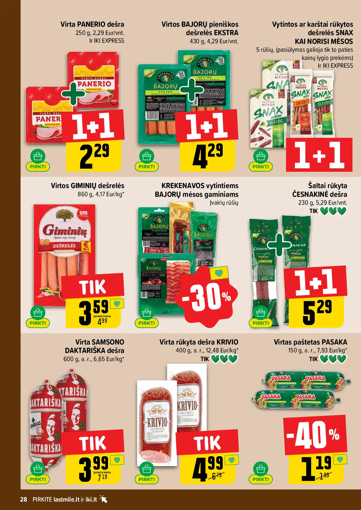 IKI Kainų leidinys Nr. 43 – 28 puslapis: Virtos GIMINIŲ dešrelės, 860 g, KREKENAVOS vytintiems BAJORŲ mėsos gaminiams