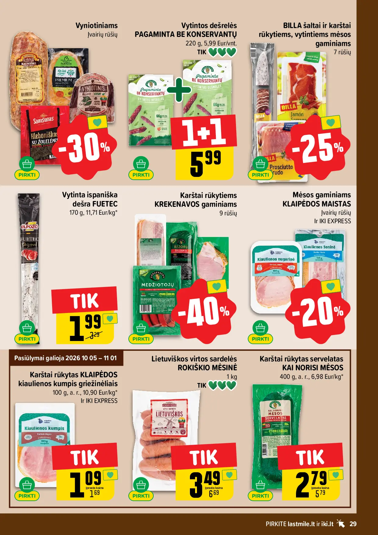 IKI Kainų leidinys Nr. 43 – 29 puslapis: Vyniotiniams, BILLA šaltai ir karštai rūkytiems, vytintiems mėsos gaminiams, Vytinta ispaniška dešra FUETEC, 170 g