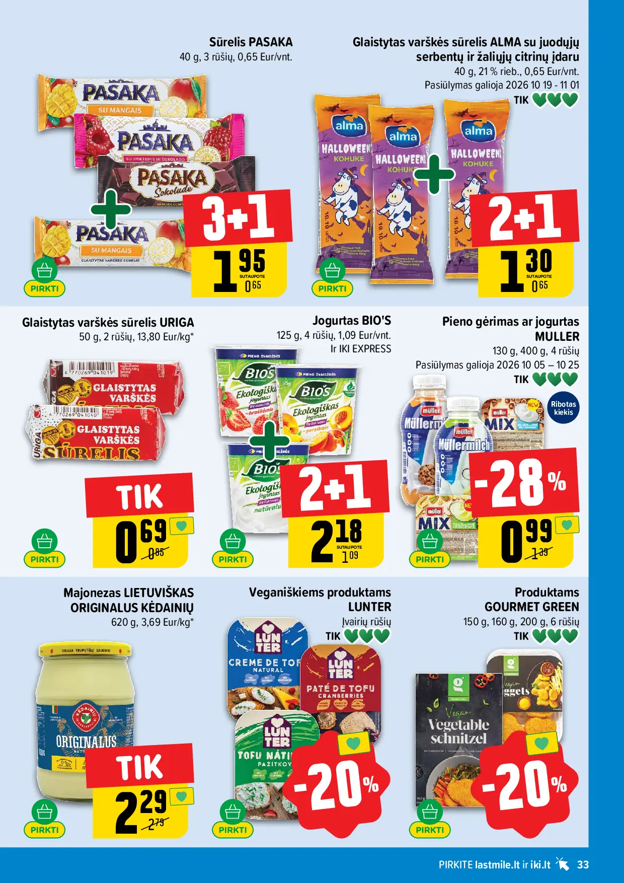 IKI Kainų leidinys Nr. 43 – 33 puslapis: Glaistytas varškės sūrelis URIGA, 50 g, Pieno gėrimas ar jogurtas MULLER, 130 g, Veganiškiems produktams LUNTER