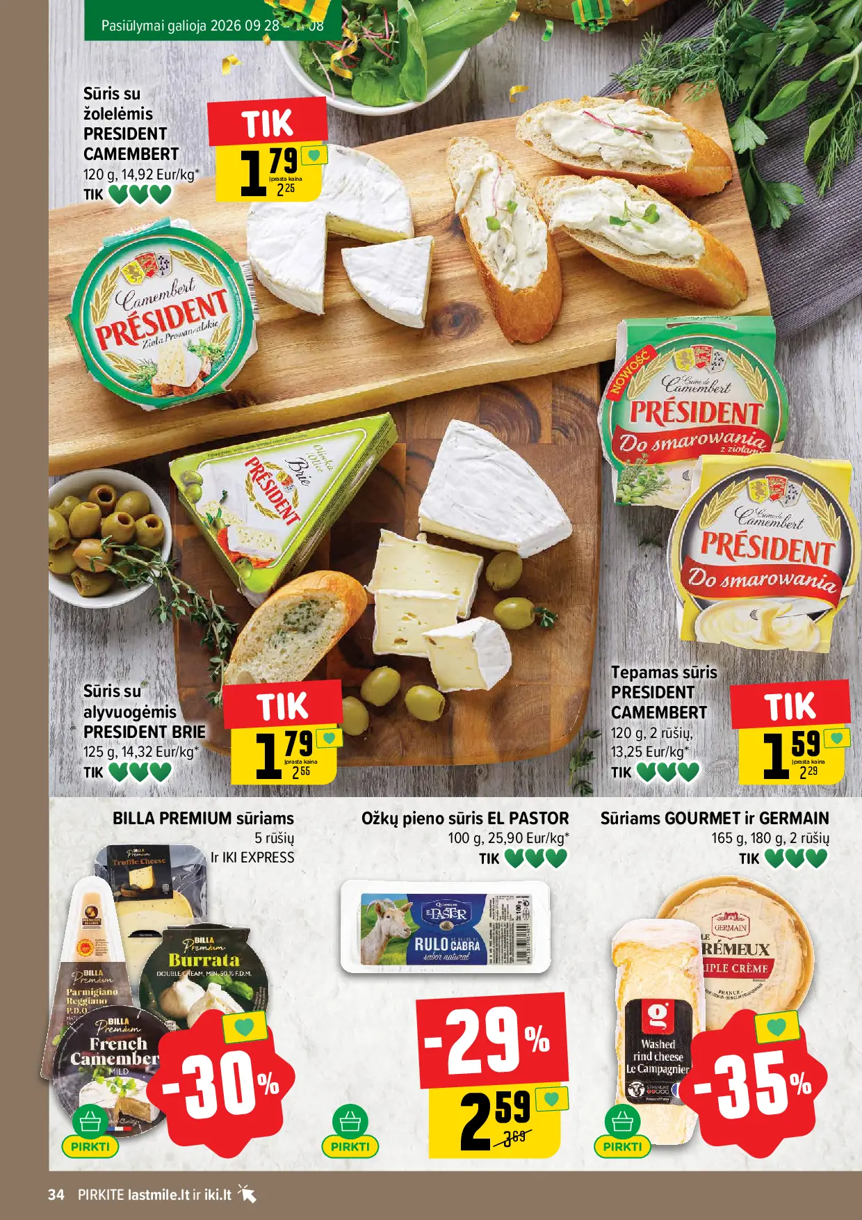 IKI Kainų leidinys Nr. 43 – 34 puslapis: BILLA PREMIUM sūriams, Ožkų pieno sūris EL PASTOR, 100 g, Sūriams GOURMET ir GERMAIN, 165 g