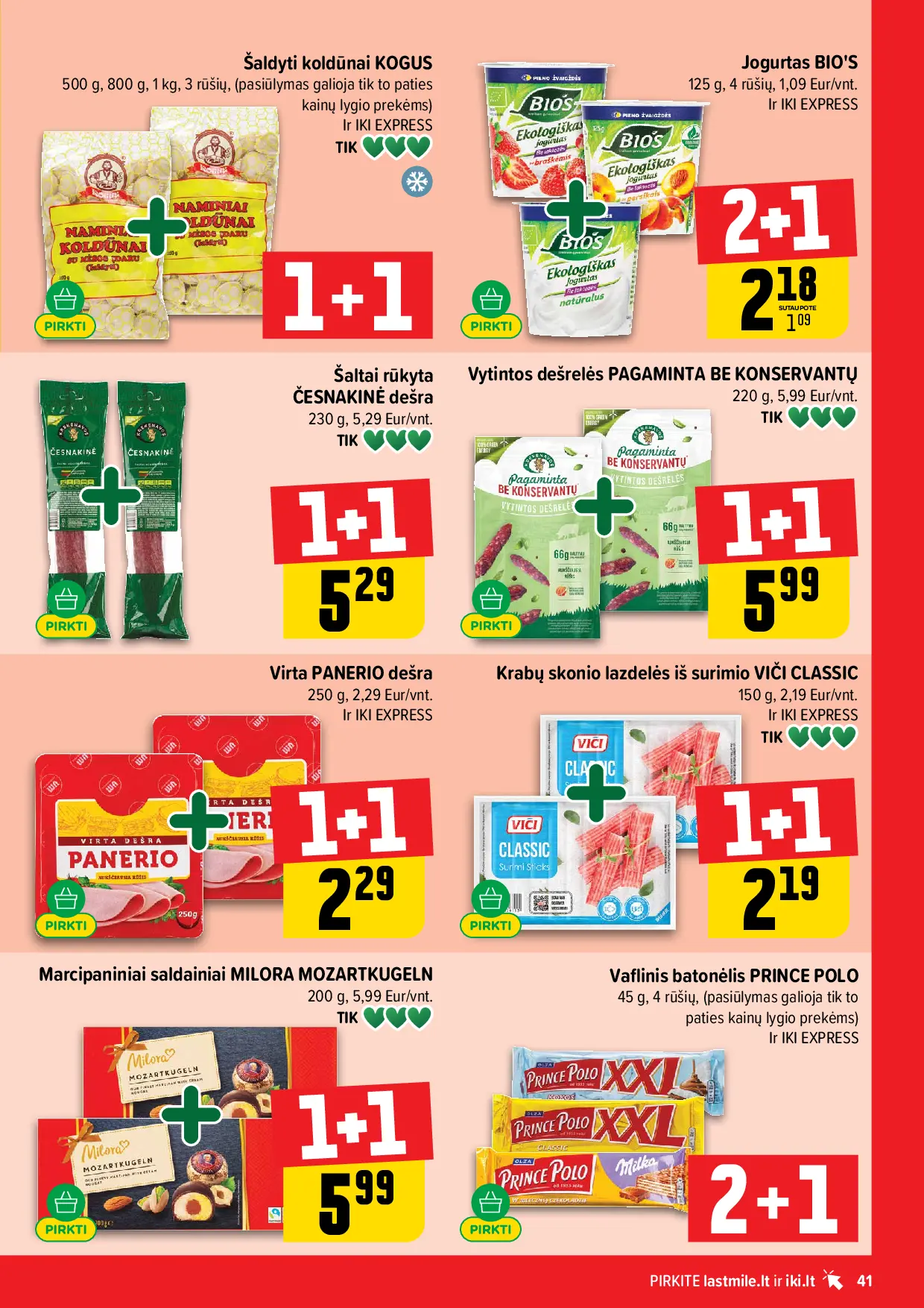 IKI Kainų leidinys Nr. 43 – 41 puslapis: Jogurtas BIO’S, 125 g, PANERIO virta dešra, 250 g, Šaltai rūkyta Česnakinė dešra Pirma rūšis, 230 g