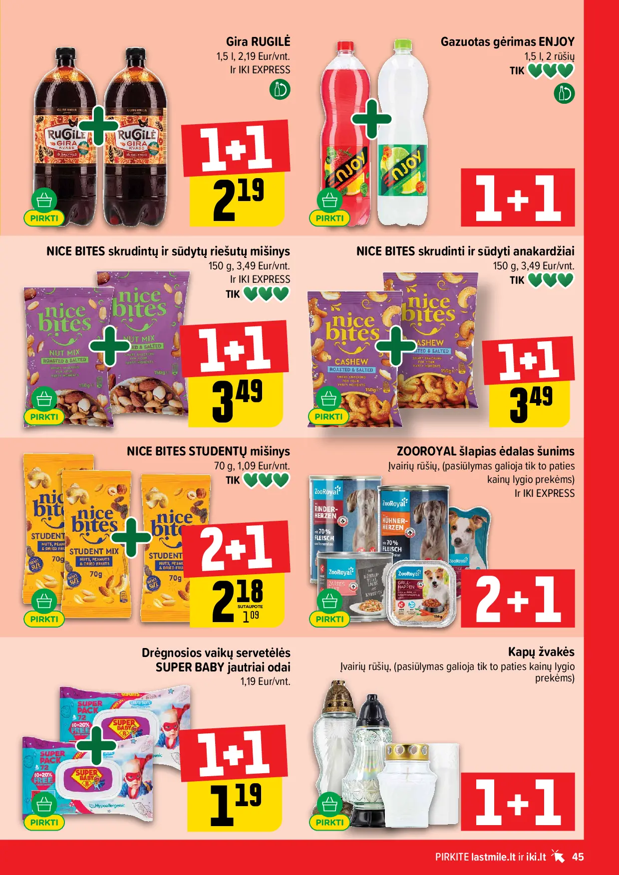 IKI Kainų leidinys Nr. 43 – 45 puslapis: NICE BITES skrudintų ir sūdytų riešutų mišinys, 150 g, NICE BITES skrudinti ir sūdyti anakardžiai, 150 g, NICE BITES STUDENTŲ mišinys, 70 g