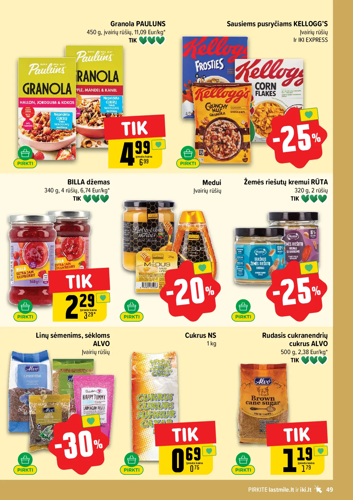 IKI Kainų leidinys Nr. 43 – 49 puslapis: Granola PAULUNS, 450 g, Sausiems pusryčiams KELLOGG’S, BILLA džemas, 340 g