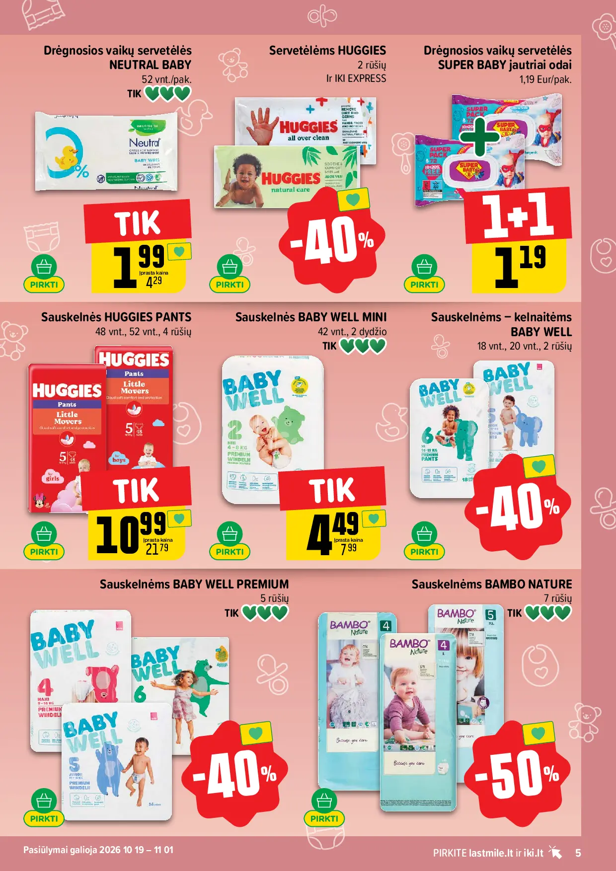 IKI Kainų leidinys Nr. 43 – 5 puslapis: Servetėlėms HUGGIES, Sauskelnėms HUGGIES PANTS, 48 vnt, Sauskelnėms – kelnaitėms BABY WELL, 18 vnt