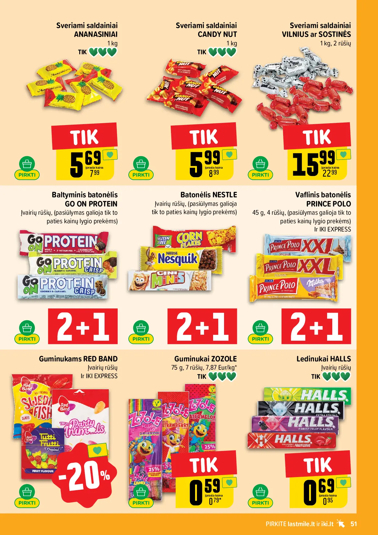 IKI Kainų leidinys Nr. 43 – 51 puslapis: Guminukai ZOZOLE, 75 g, Sveriami saldainiai VILNIUS ar SOSTINĖS, 1 kg, Guminukams RED BAND
