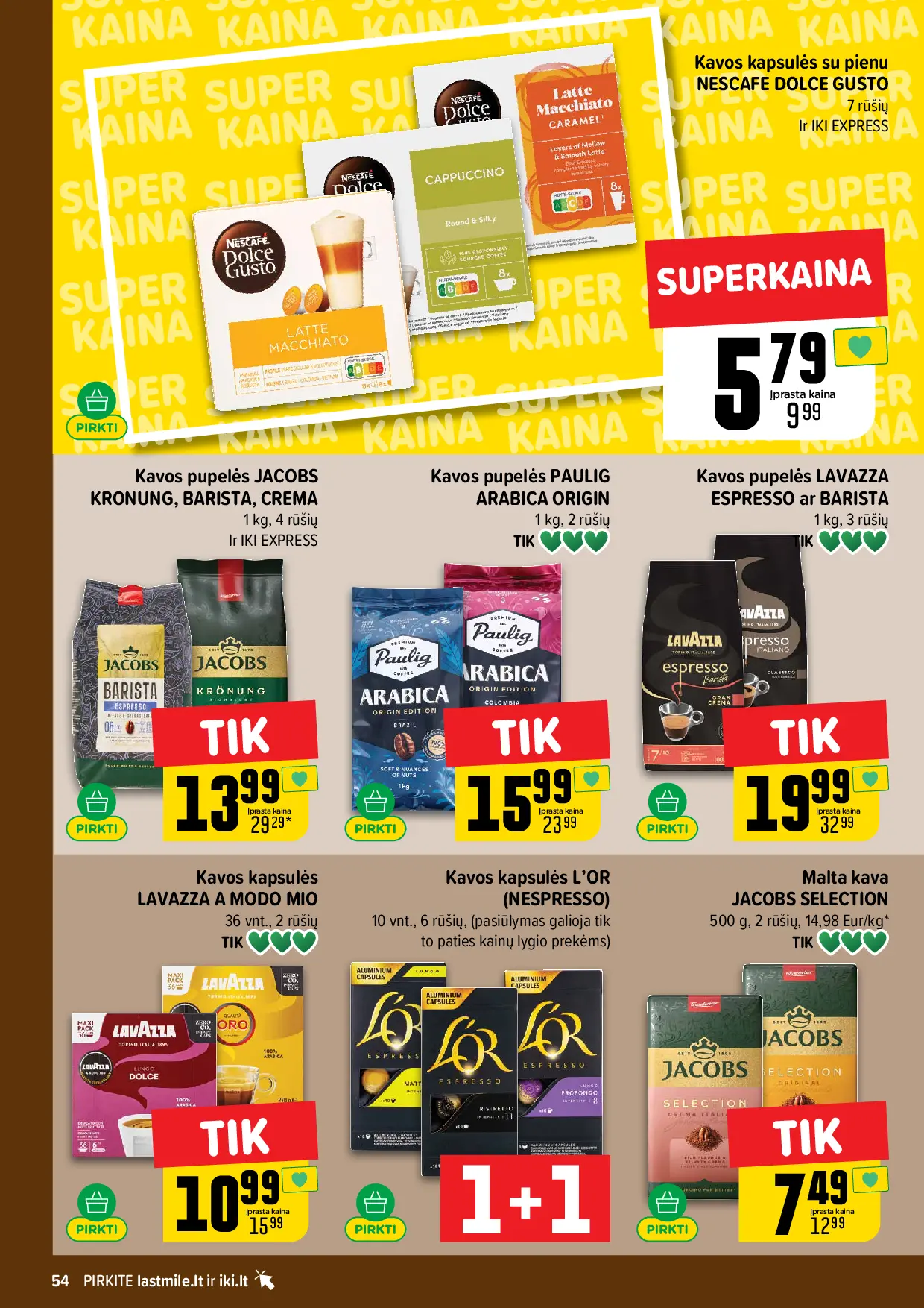 IKI Kainų leidinys Nr. 43 – 54 puslapis: Kavos kapsulės su pienu NESCAFE DOLCE GUSTO, Kavos pupelės JACOBS KRONUNG, BARISTA, CREMA, 1 kg, Kavos pupelės PAULIG ARABICA ORIGIN, 1 kg