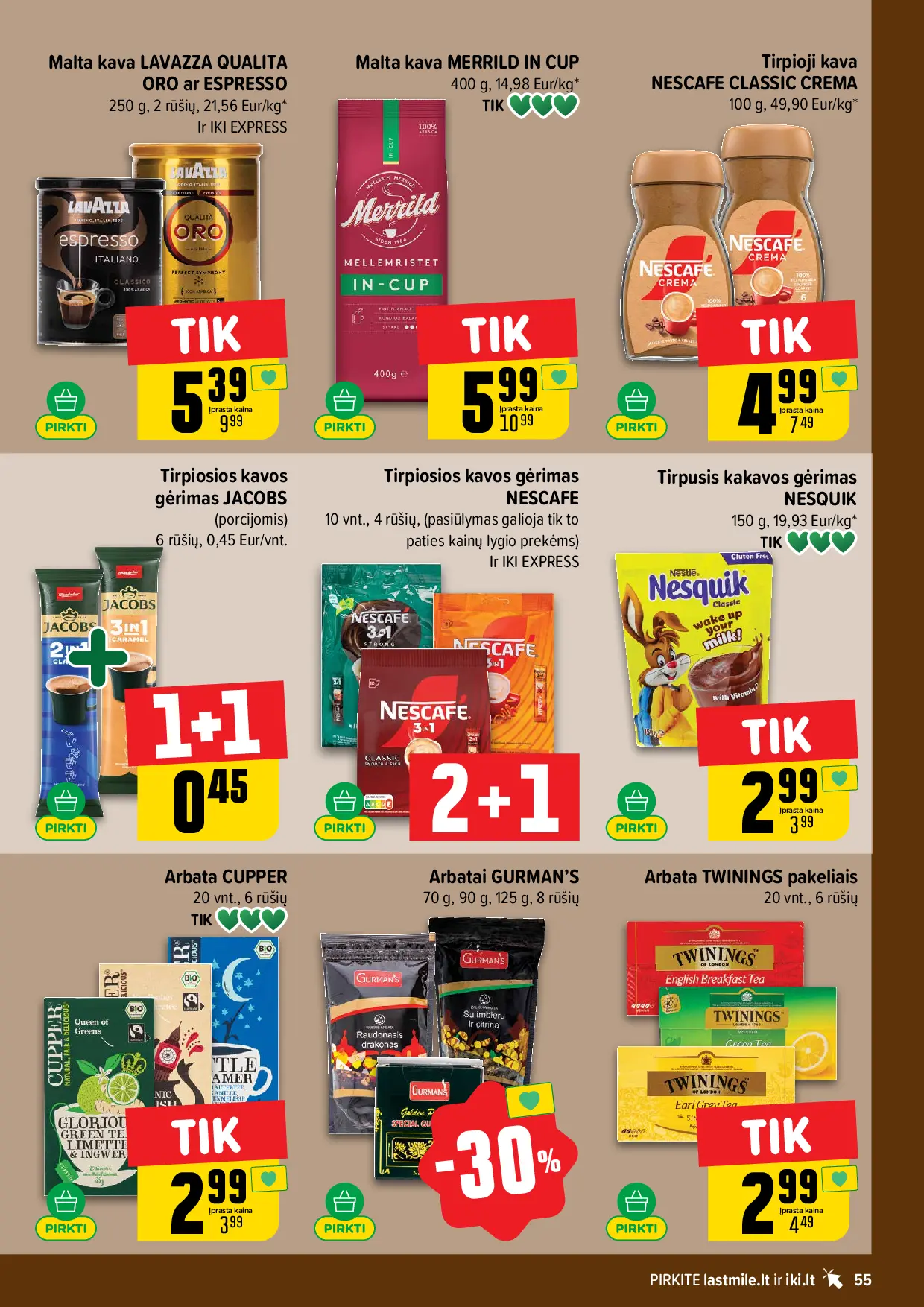 IKI Kainų leidinys Nr. 43 – 55 puslapis: Malta kava LAVAZZA QUALITA ORO ar ESPRESSO, 250 g, Malta kava MERRILD IN-CUP, 400 g, Tirpioji kava NESCAFE CLASSIC CREMA, 100 g