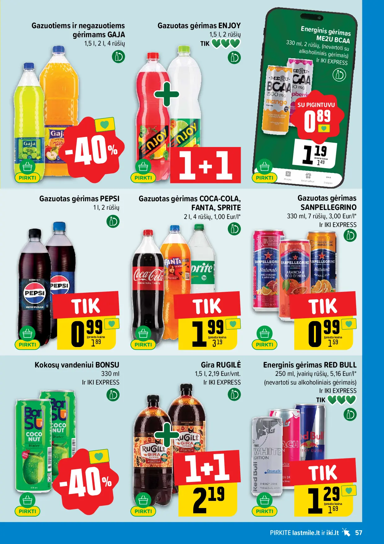 IKI Kainų leidinys Nr. 43 – 57 puslapis: Energiniai gėrimai RED BULL, 0.25 l, Gazuotiems ir negazuotiems gėrimams GAJA, 1.5 l, Gazuotas gėrimas PEPSI, 1 l