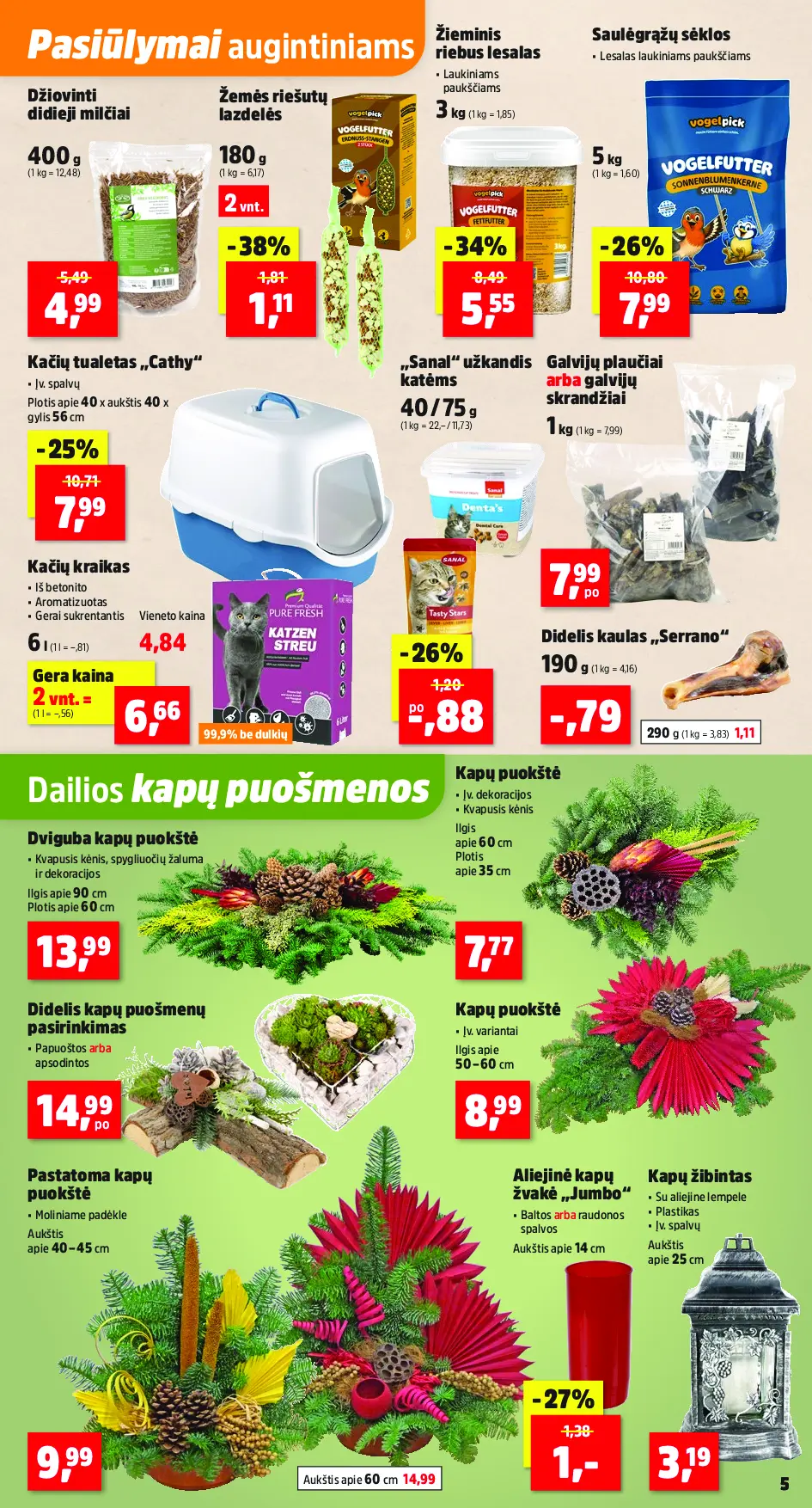 Thomas Philipps savaitės leidinys – 5 puslapis: Džiovinti didieji milčiai, 400 g, Žemės riešutų lazdelės, 180 g, Žieminis riebus lesalas, 3 kg