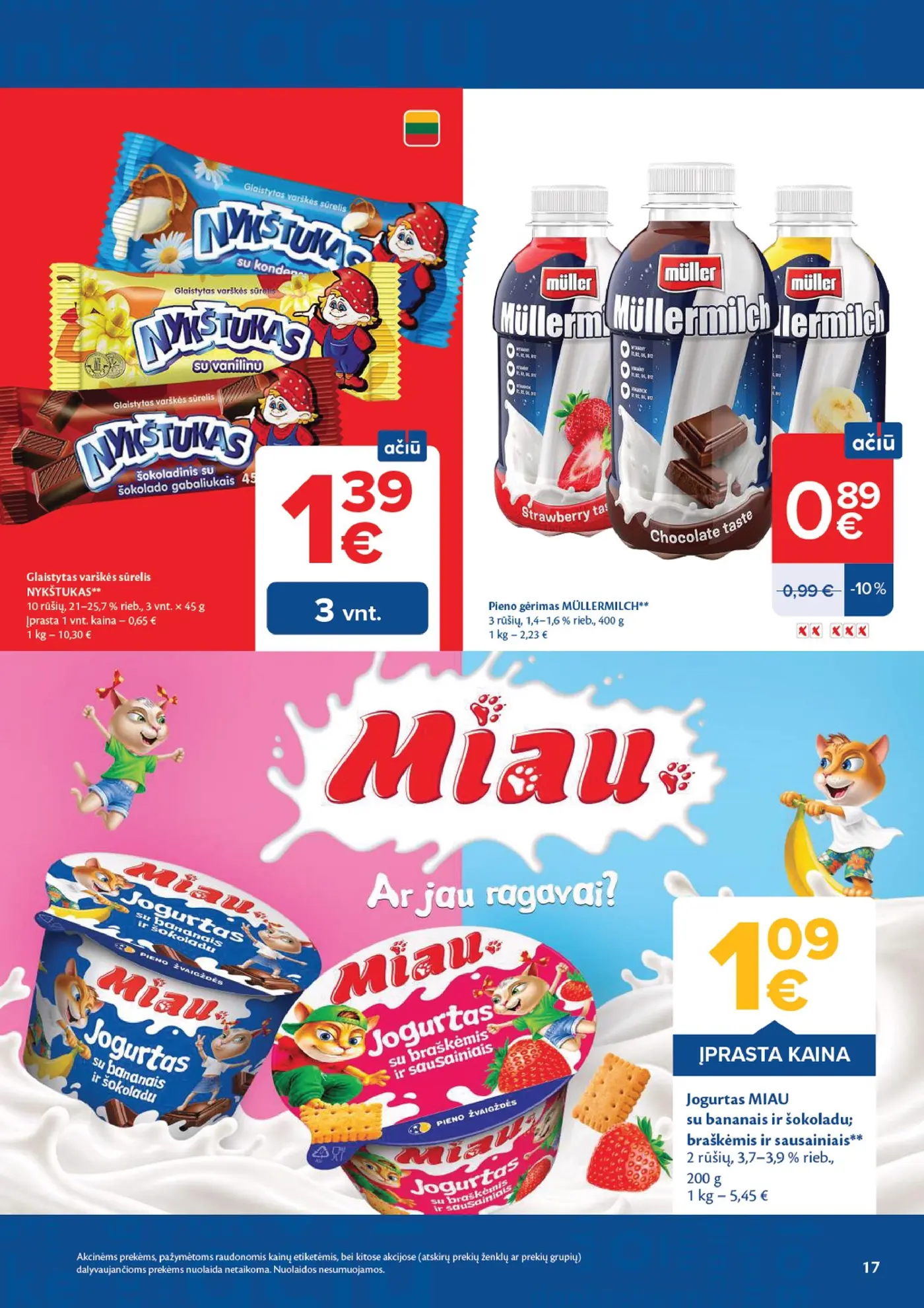 Naujas Maxima nuolaidų leidinys - AČIŪ savaitinis leidinys Nr. 43 – 17 puslapis: Pieno gėrimas MÜLLERMILCH, 400 g, Jogurtas MIAU, 200 g