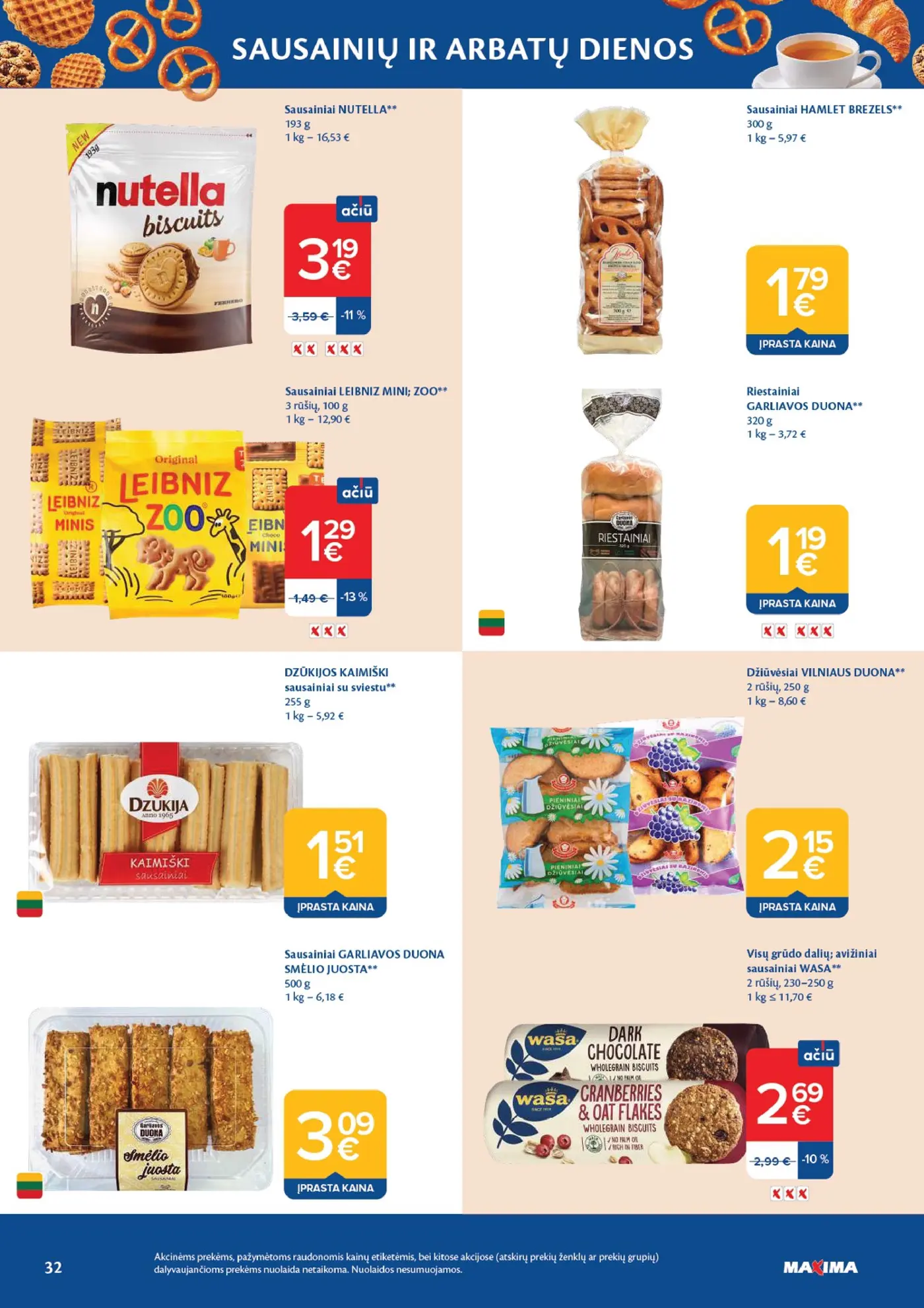 Naujas Maxima nuolaidų leidinys - AČIŪ savaitinis leidinys Nr. 43 – 32 puslapis: NUTELLA sausainiai, 193 g, Sausainiai HAMLET BREZELS, 300 g, Sausainiai LEIBNIZ MINI; ZOO, 100 g