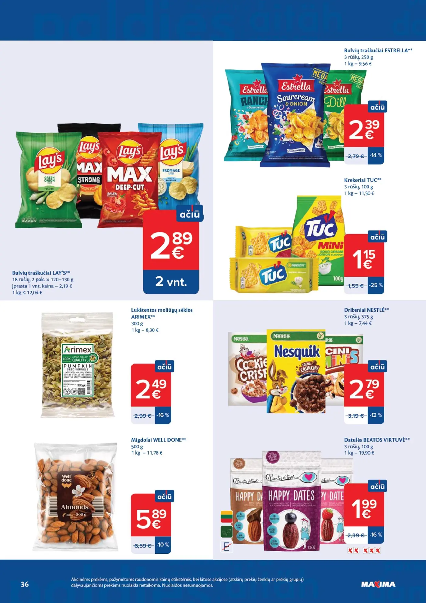 Naujas Maxima nuolaidų leidinys - AČIŪ savaitinis leidinys Nr. 43 – 36 puslapis: Bulvių traškučiai LAY'S, 2 pak., Bulvių traškučiai ESTRELLA, 250 g, Krekeriai TUC, 100 g