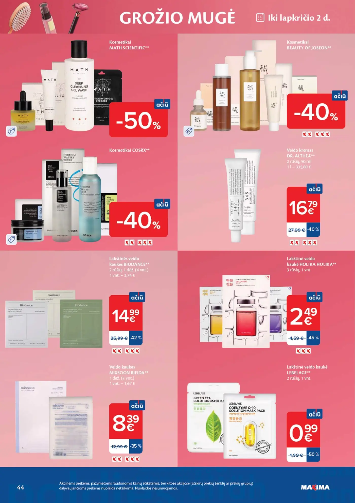 Naujas Maxima nuolaidų leidinys - AČIŪ savaitinis leidinys Nr. 43 – 44 puslapis: Kosmetikai MATH SCIENTIFIC, Kosmetikai BEAUTY OF JOSEON, Kosmetikai COSRX