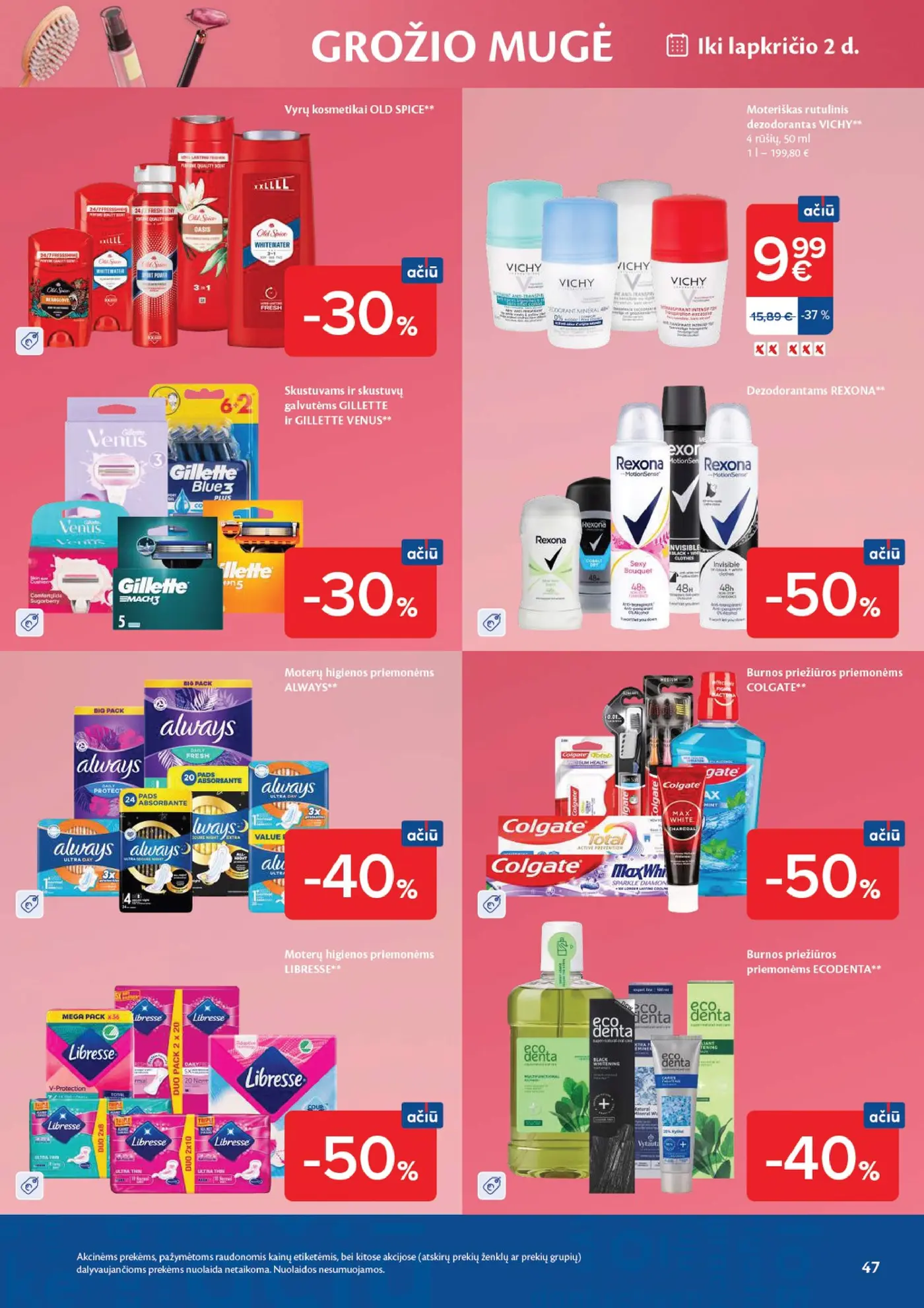Naujas Maxima nuolaidų leidinys - AČIŪ savaitinis leidinys Nr. 43 – 47 puslapis: Vyrų kosmetikai OLD SPICE, Moteriškas rutulinis dezodorantas VICHY, 50 ml, Skustuvams ir skustuvų galvutėms GILLETTE ir GILLETTE VENUS